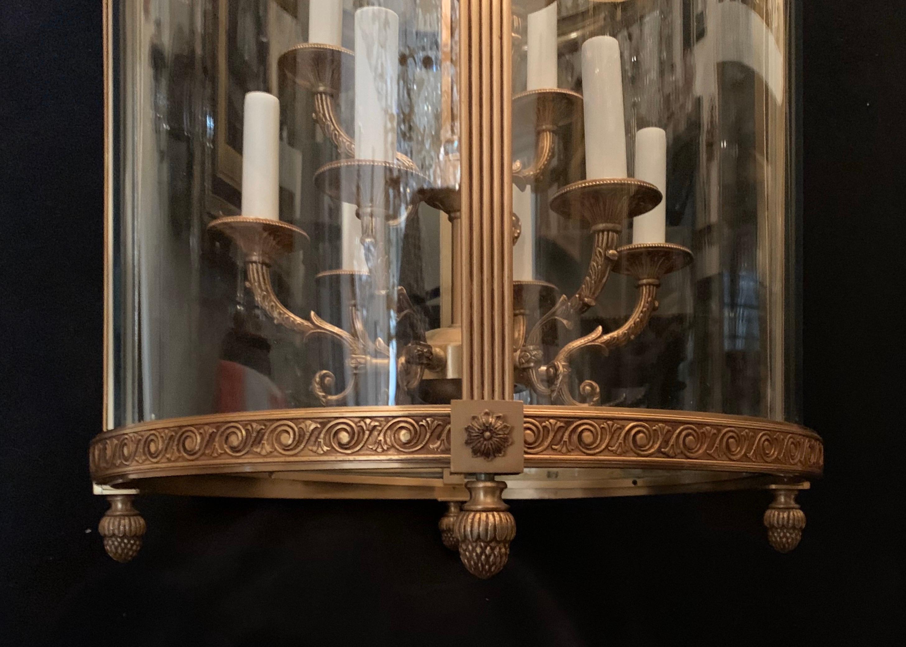 Elegant Large Bronze Louis XVI Neoclassical Lantern Fixture Curved Glass Panels 3