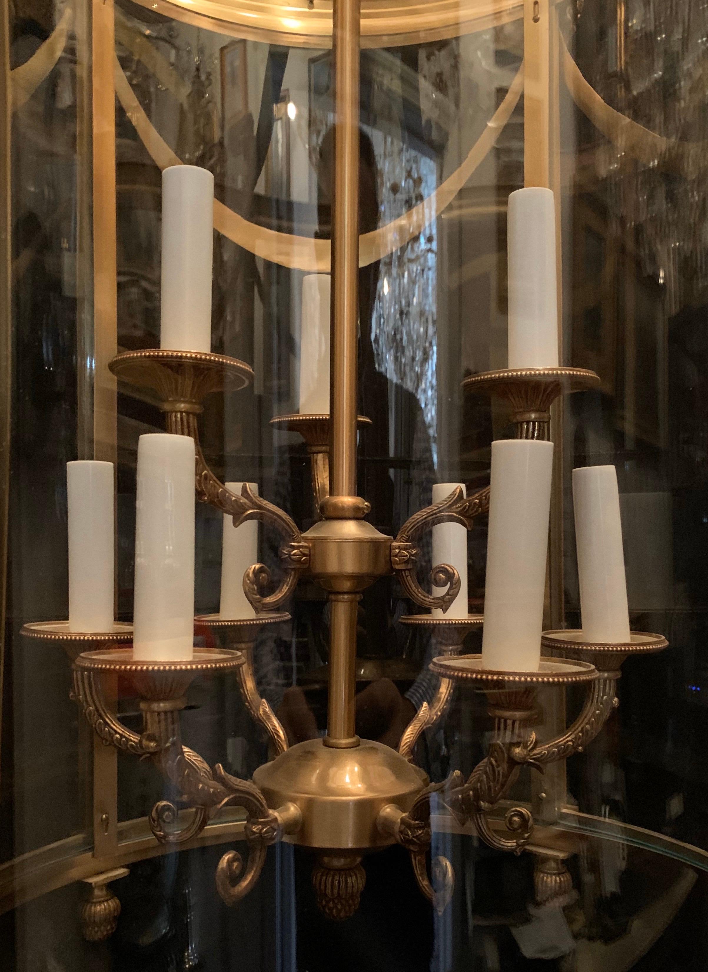 Elegant Large Bronze Louis XVI Neoclassical Lantern Fixture Curved Glass Panels 4