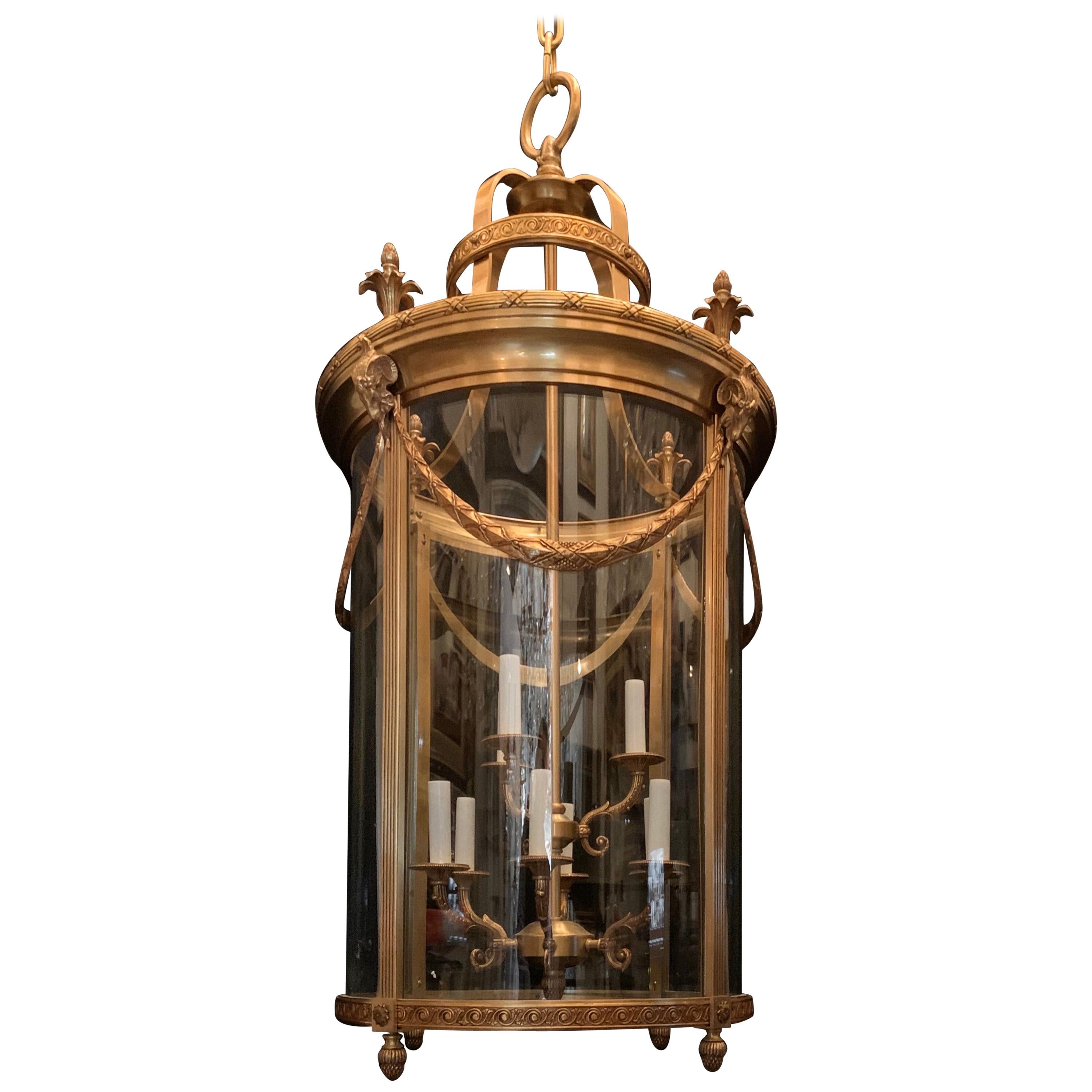Elegant Large Bronze Louis XVI Neoclassical Lantern Fixture Curved Glass Panels
