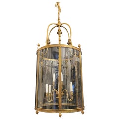 Elegant Large Bronze Louis XVI Neoclassical Lantern Fixture Curved Glass Panels