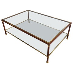 Elegant Large Burgundy Lacquered and Brass Coffee Table with 2 Glass