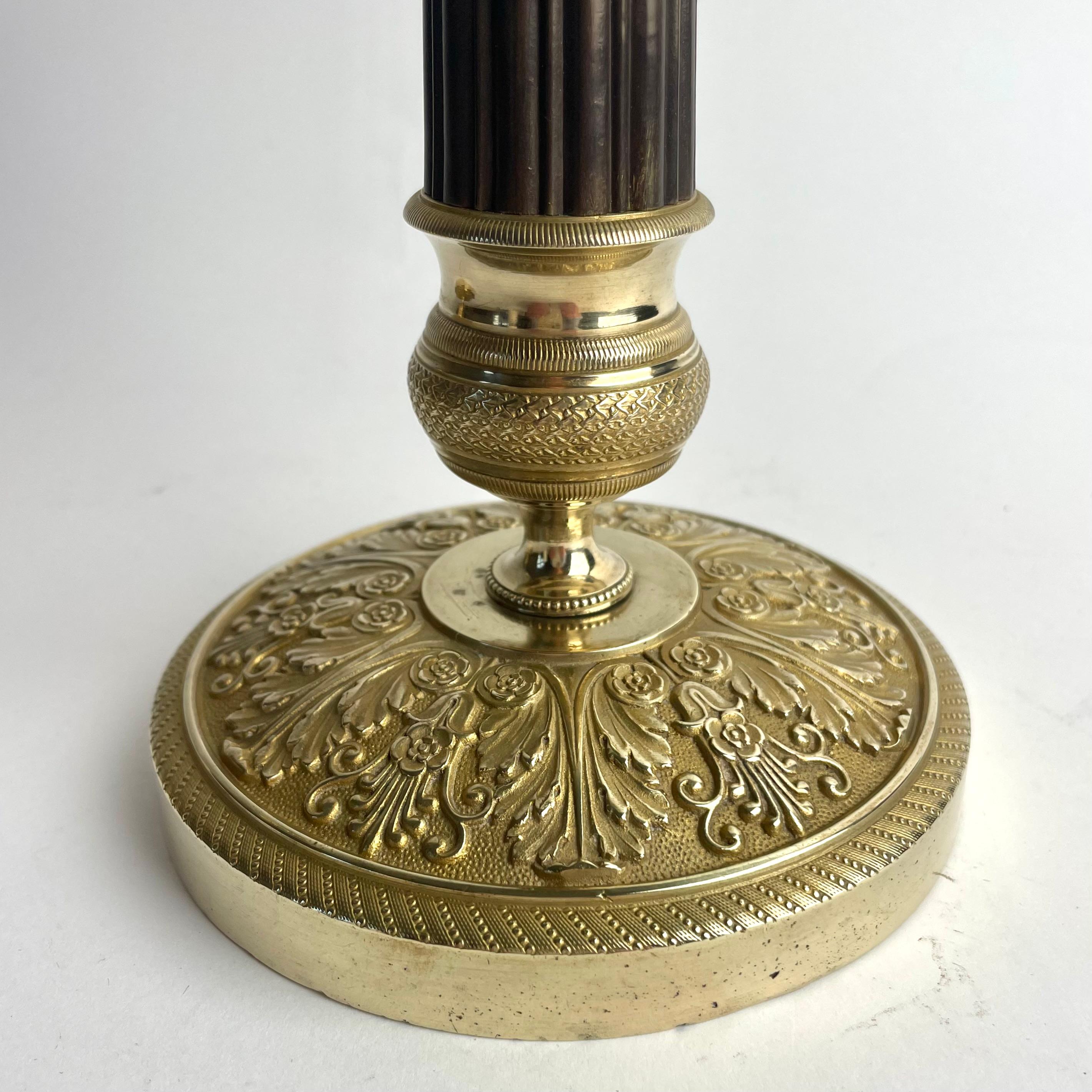 Early 19th Century Elegant Large Empire Candlesticks in Gilt and Patinated Bronze, France, 1820s For Sale