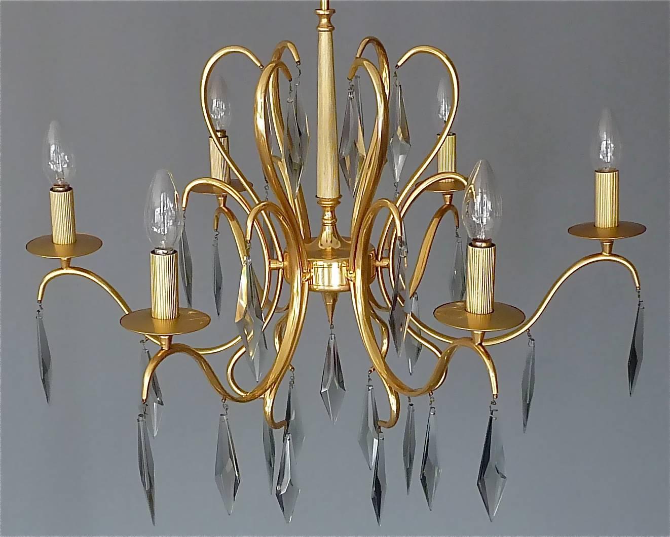 Large Italian Sciolari Chandelier Gilt Brass Faceted Murano Crystal Glass 1970s For Sale 5
