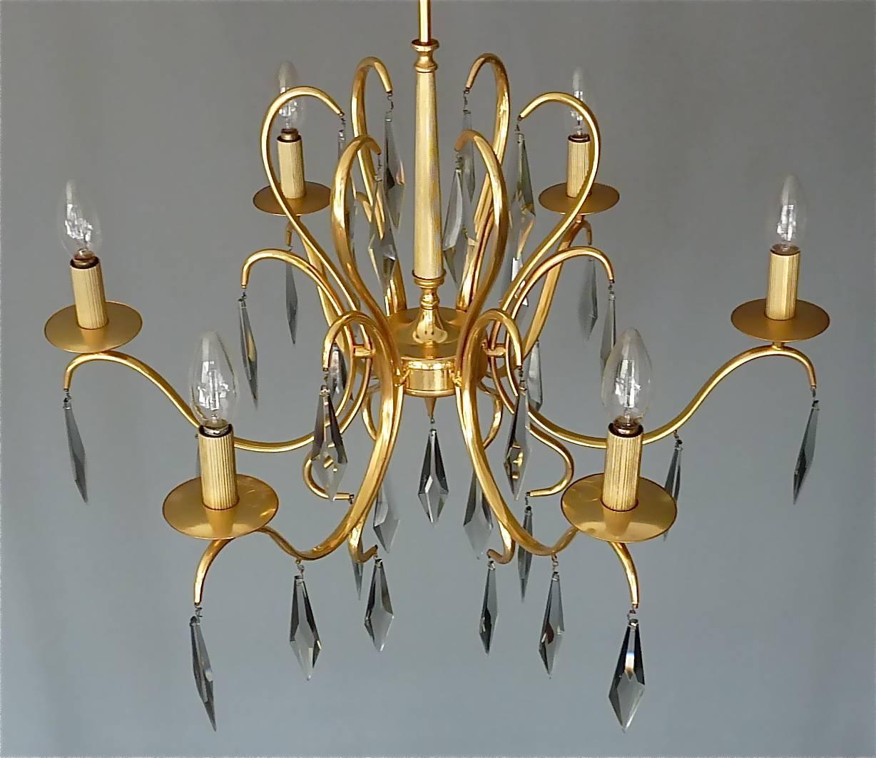 Large Italian Sciolari Chandelier Gilt Brass Faceted Murano Crystal Glass 1970s For Sale 9