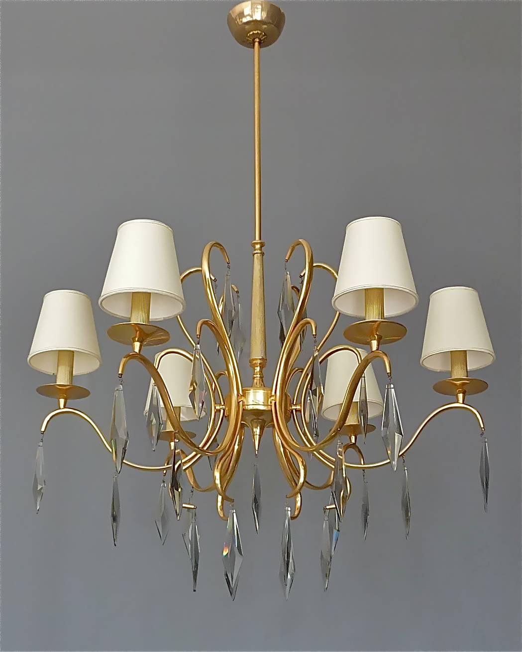 Large elegant and fabulous of vintage Italian six-light chandelier in gilt brass metal with smokey-grey faceted Murano crystal glass, possibly made by Sciolari, Italy, circa 1970s. The wonderful manufactured and precious chandelier which has six