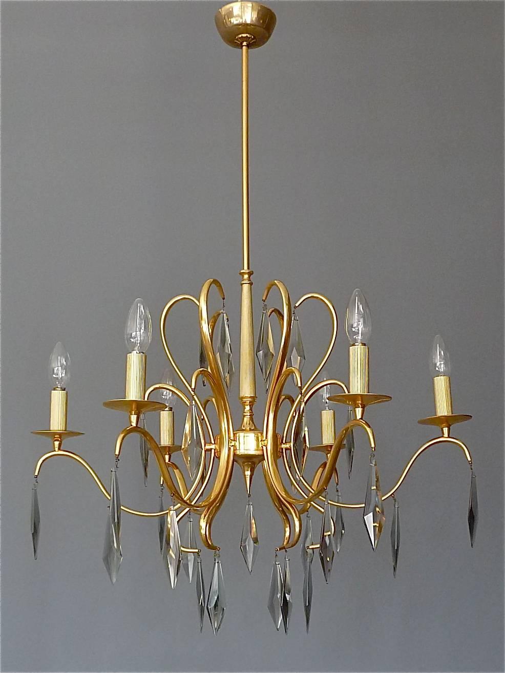 Hollywood Regency Large Italian Sciolari Chandelier Gilt Brass Faceted Murano Crystal Glass 1970s For Sale