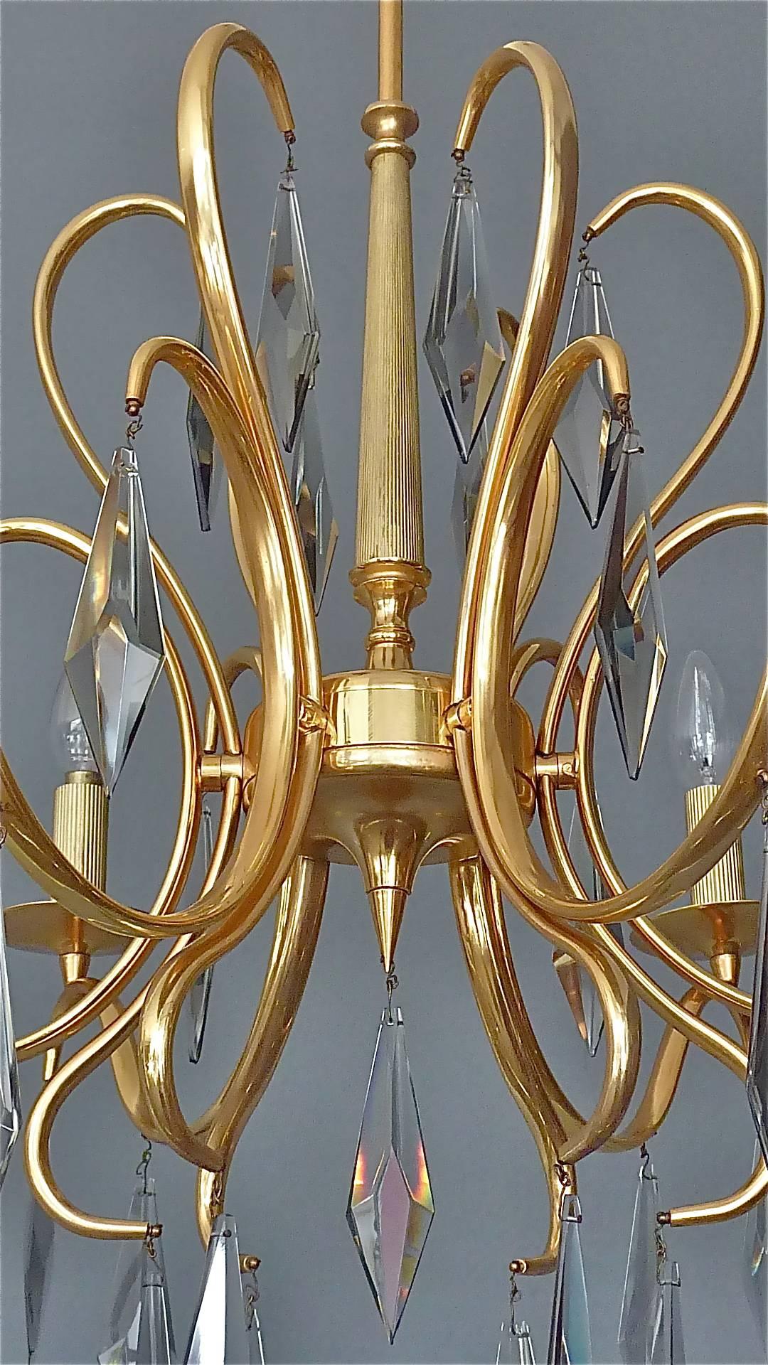 Large Italian Sciolari Chandelier Gilt Brass Faceted Murano Crystal Glass 1970s For Sale 2