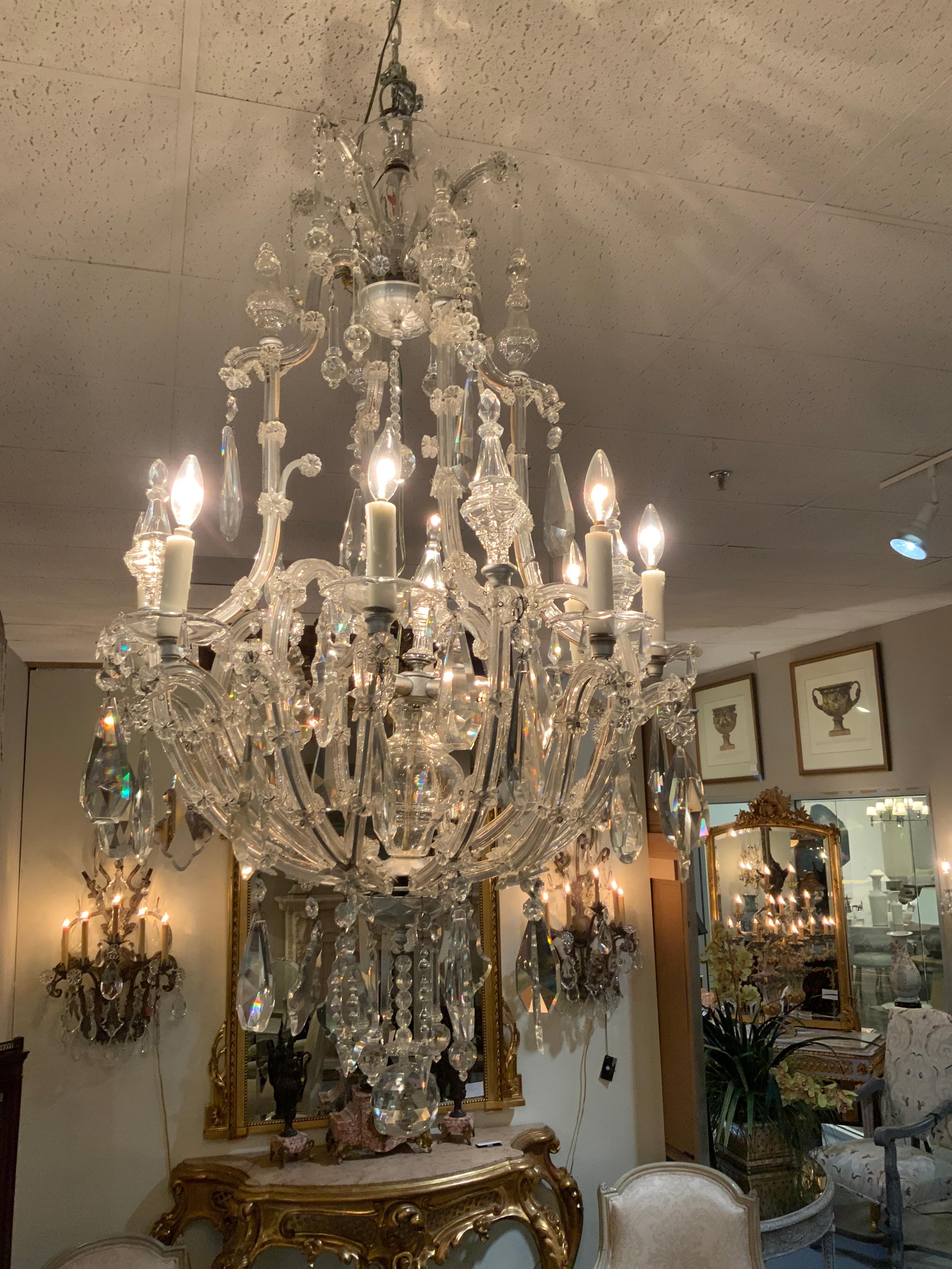 Elegante lampadario antico Maria Teresa di grandi dimensioni con 12 luci e cristalli intagliati in vendita 1