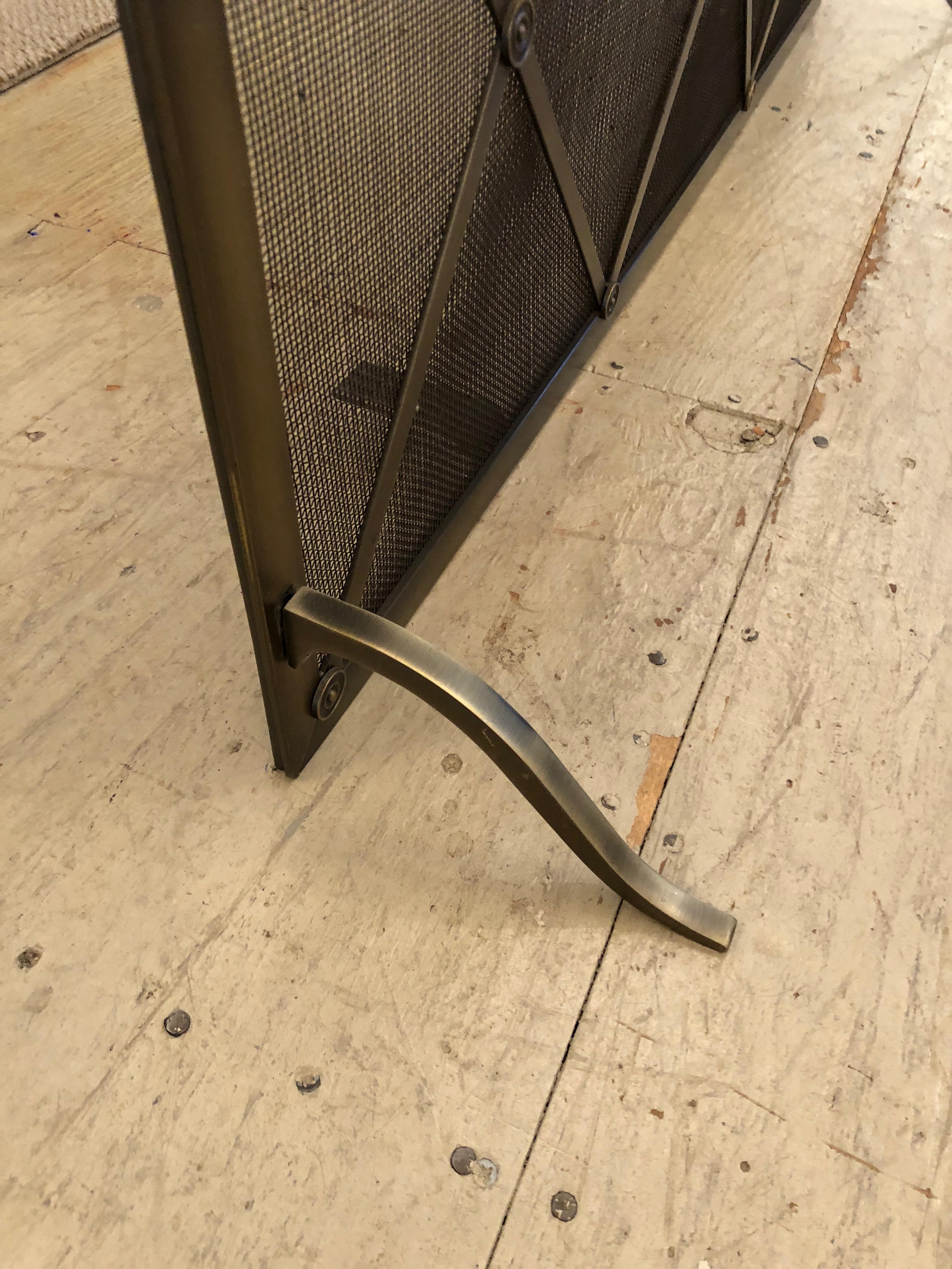 Large Mid Century Brass & Iron Mesh Fireplace Screen in Manner of Jean Royere In Excellent Condition In Hopewell, NJ