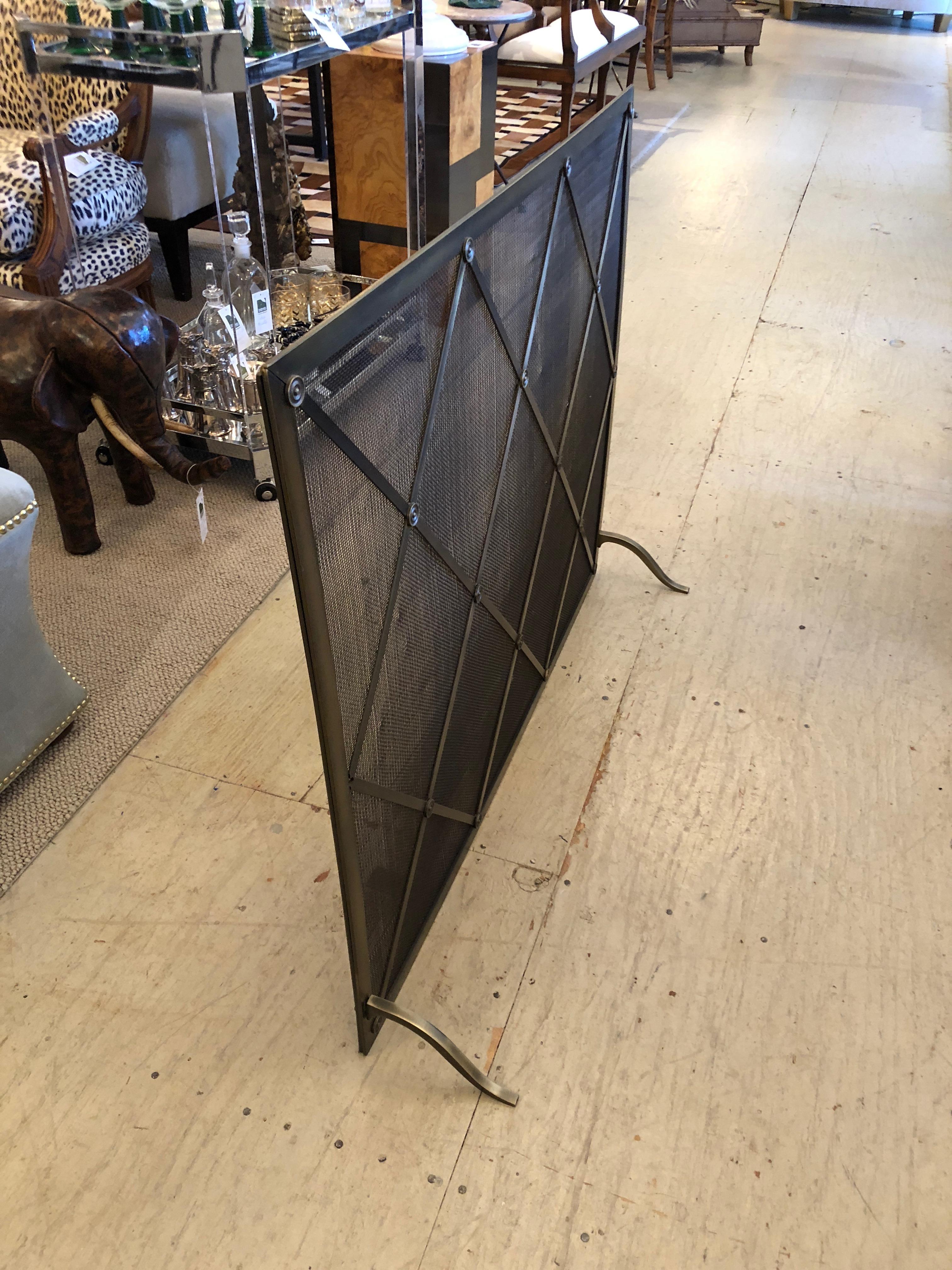 Late 20th Century  Large Mid Century Brass & Iron Mesh Fireplace Screen in Manner of Jean Royere