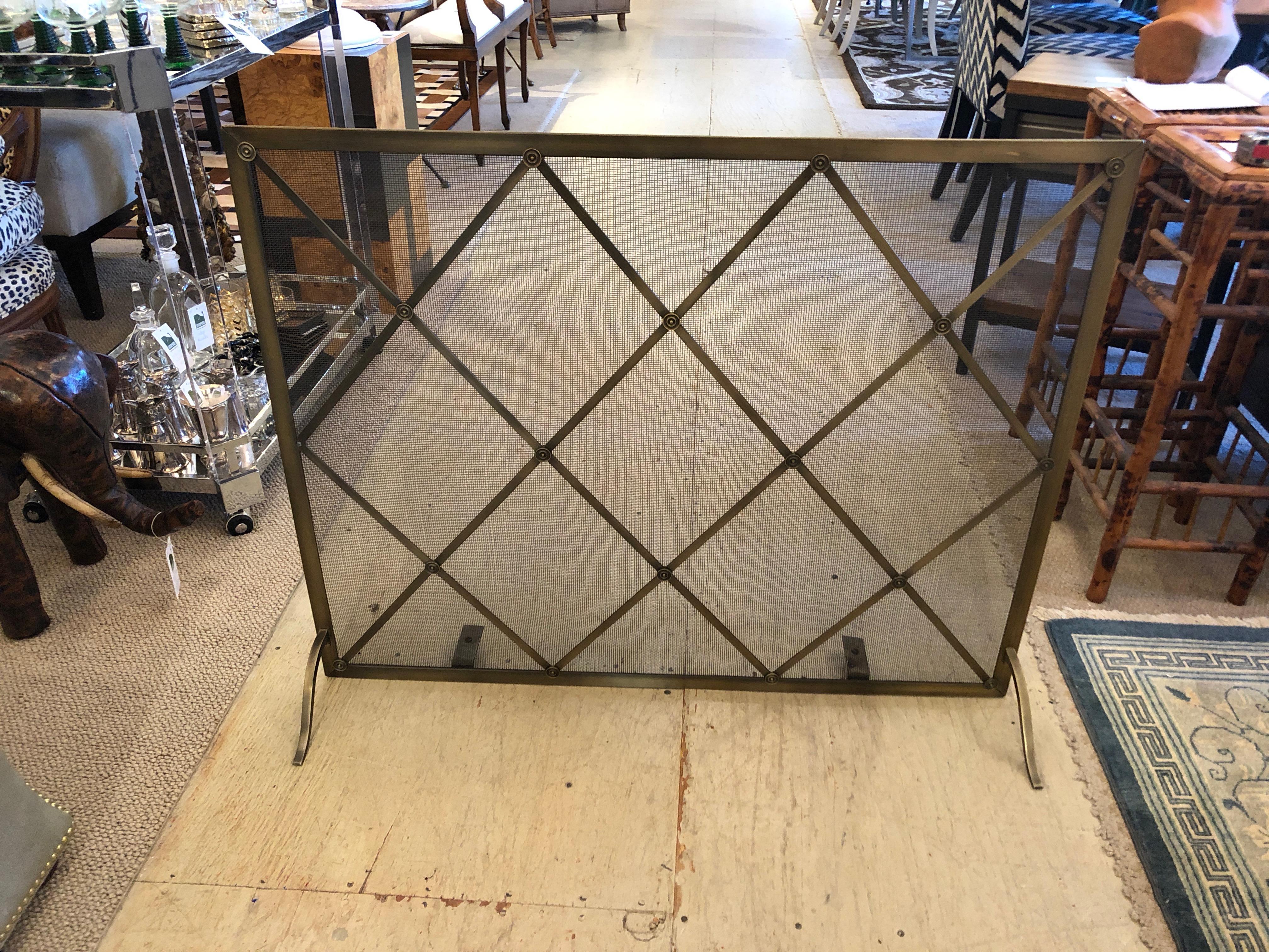  Large Mid Century Brass & Iron Mesh Fireplace Screen in Manner of Jean Royere 1