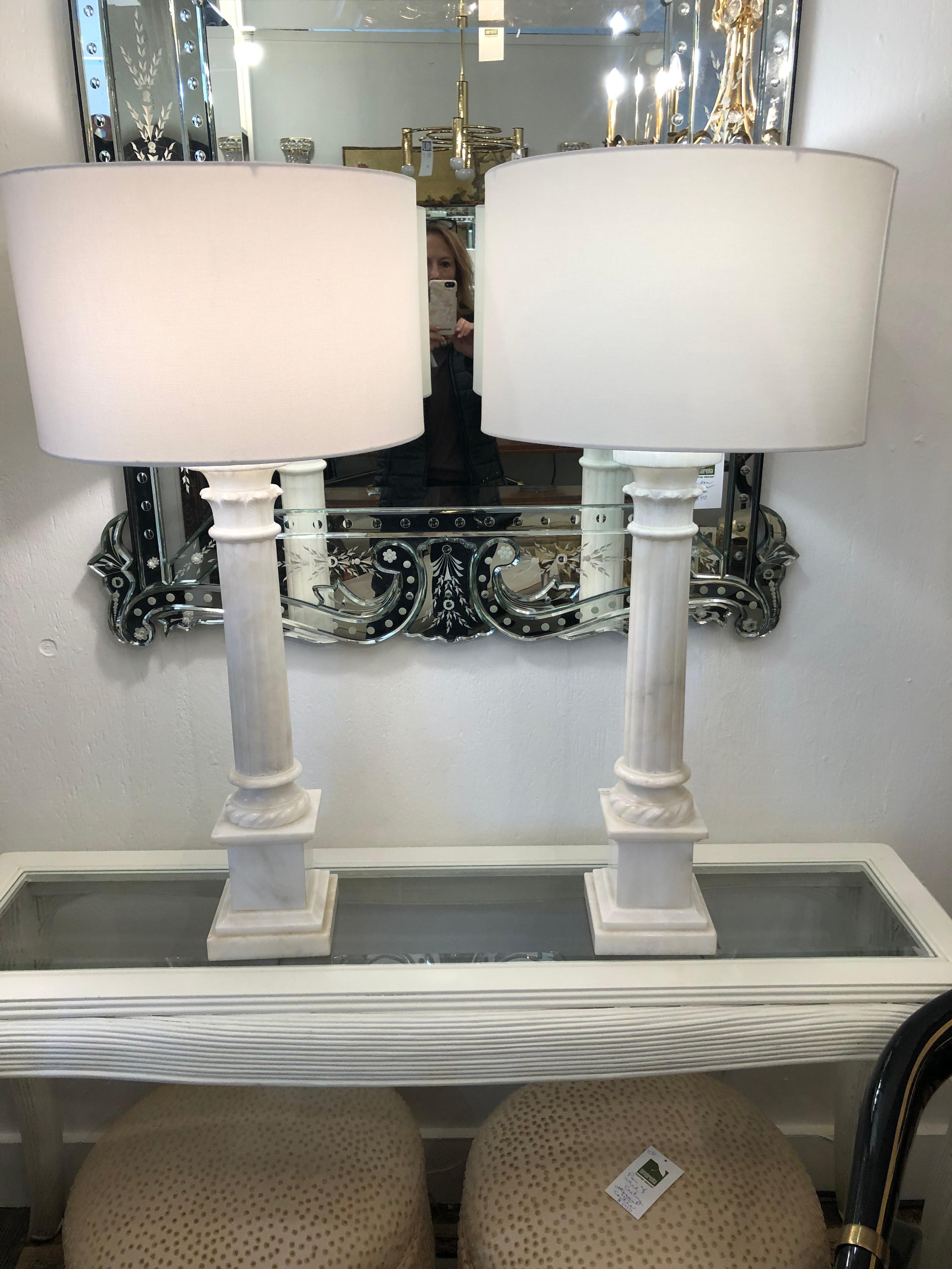Pair of large elegant classic columnar alabaster table lamps.  