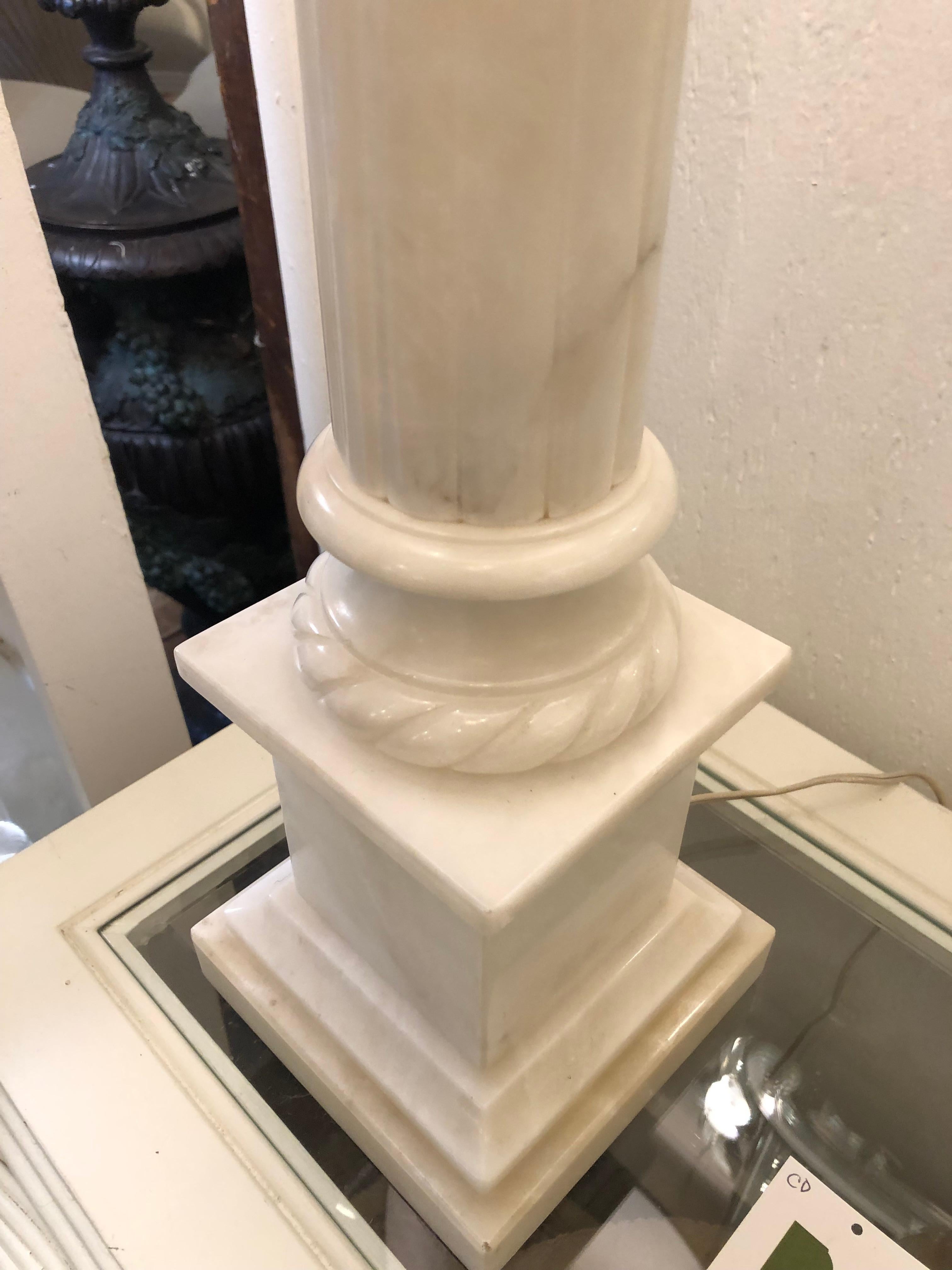 Elegant Large Pair of Carved Alabaster Lamps For Sale 2