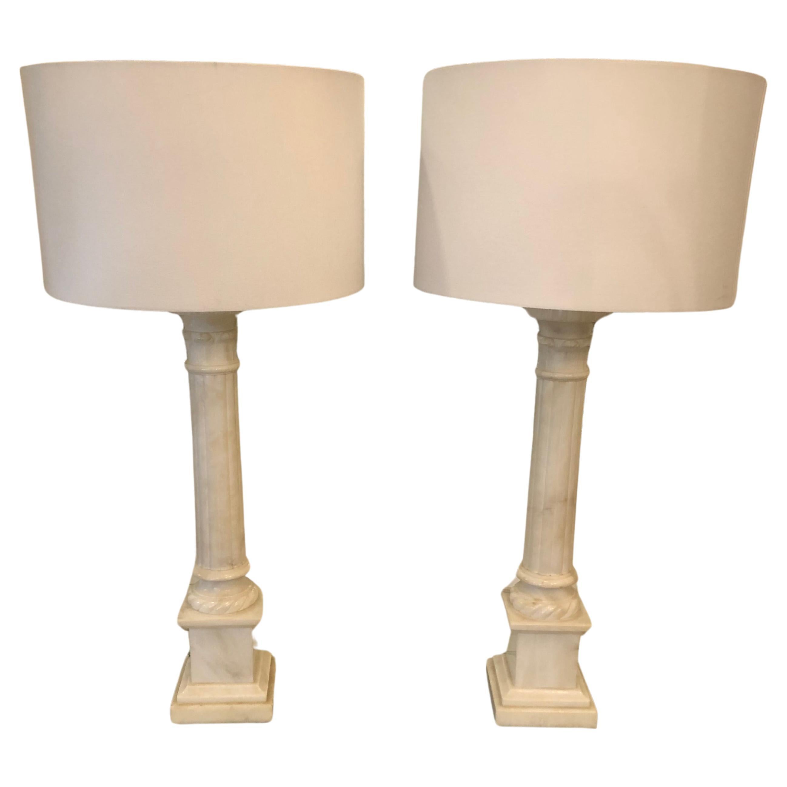 Elegant Large Pair of Carved Alabaster Lamps For Sale