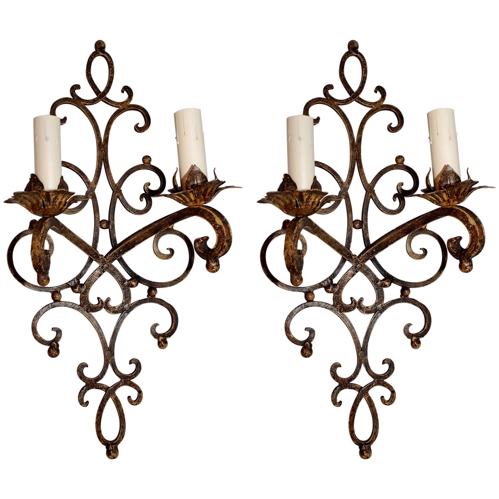 Elegant Large Pair of French 1940s Wrought Iron Sconces