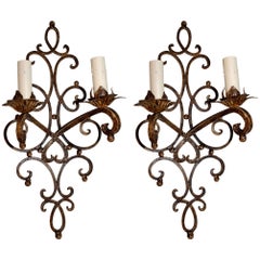 Elegant Large Pair of French 1940s Wrought Iron Sconces