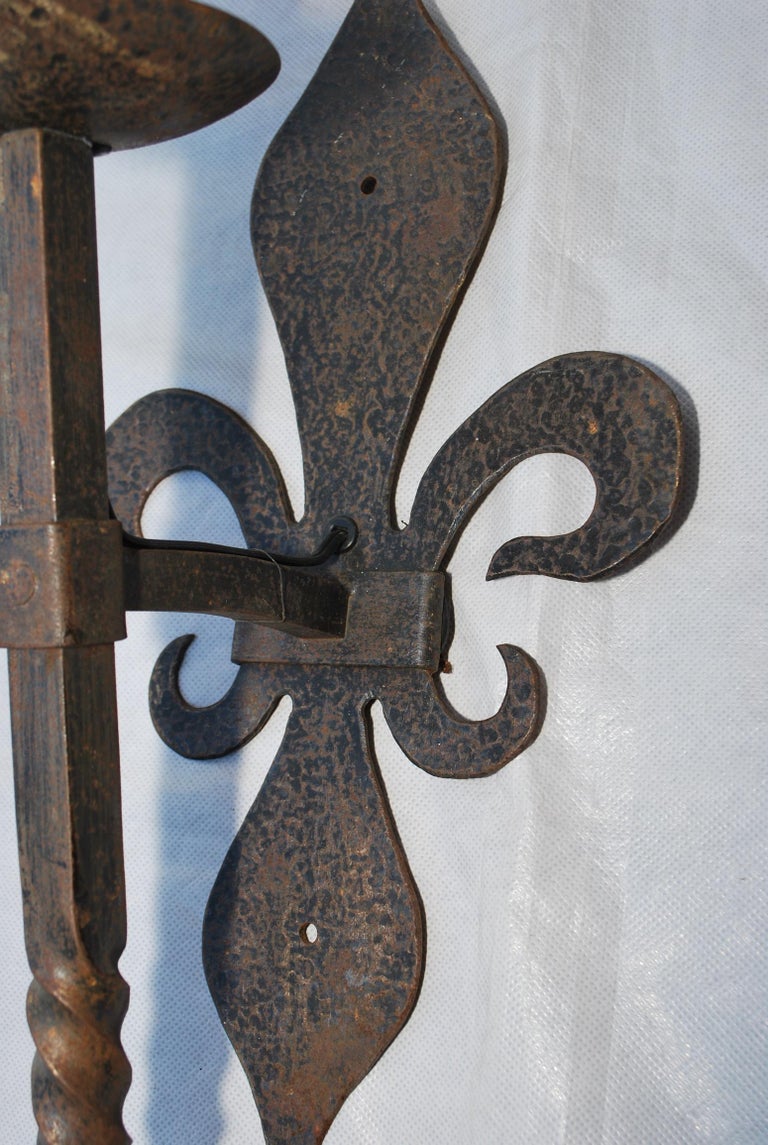 Elegant Large Pair of French Hands Made Wrought Iron Torchiere Sconces In Good Condition For Sale In Los Angeles, CA