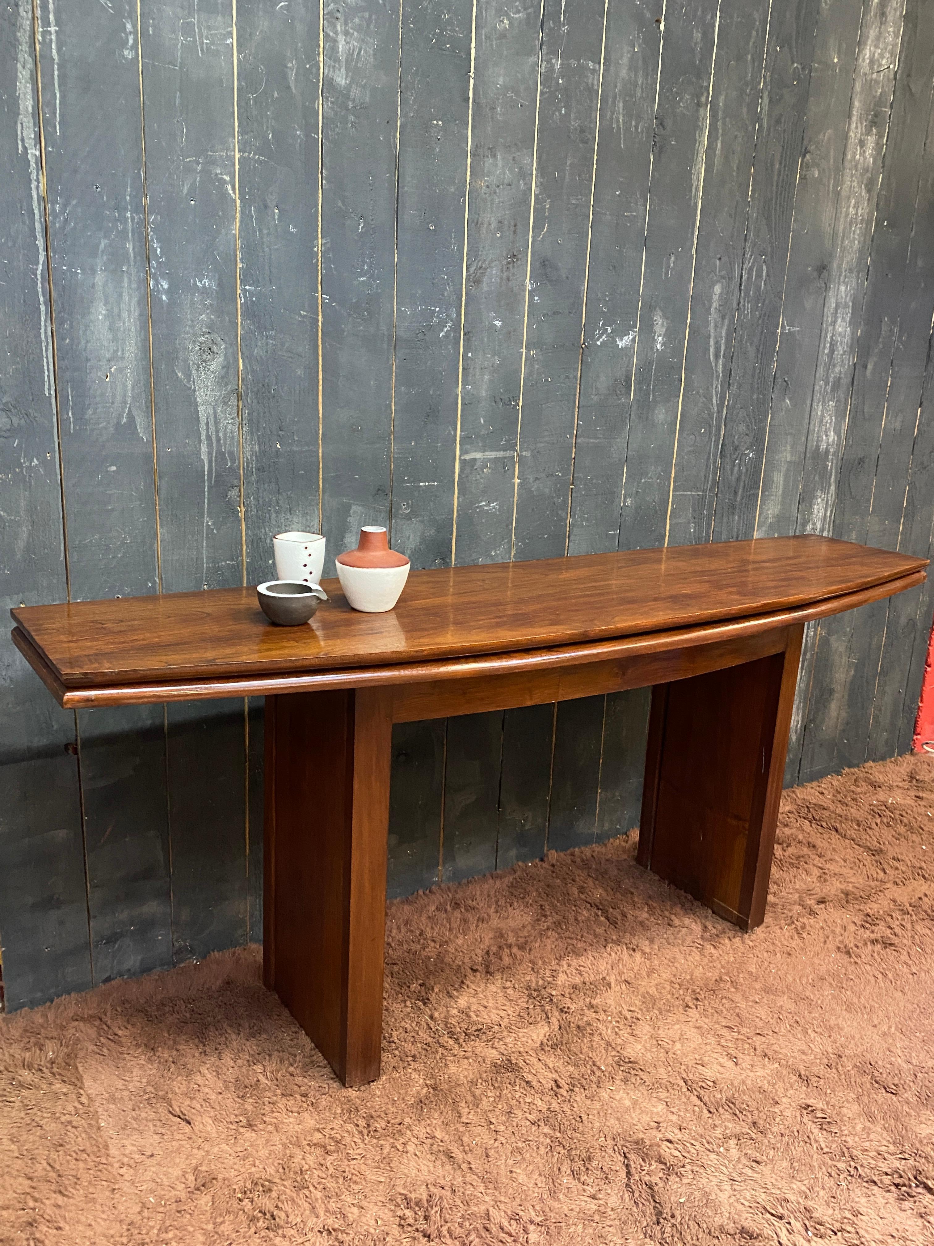 Italian elegant large teak table/console circa 1960 Open it's a dinner table For Sale