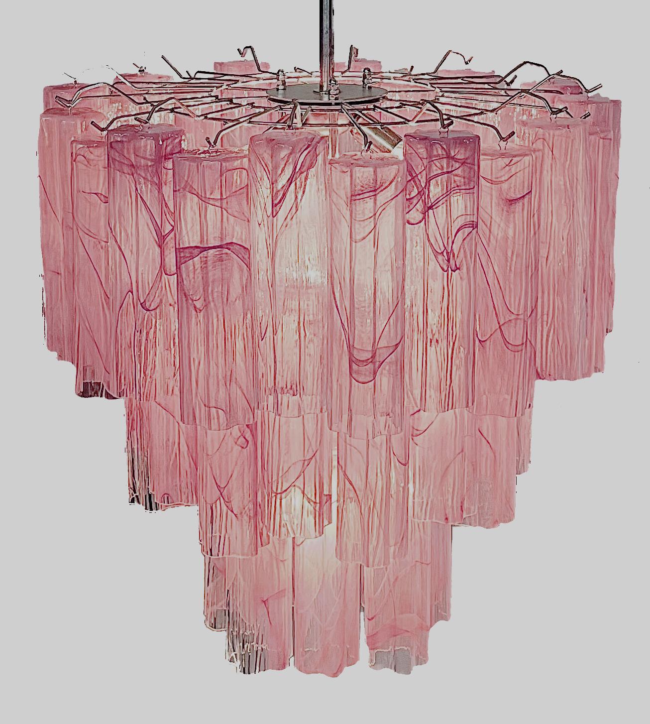 Elegant Large Three-Tier Murano Glass Tube Chandelier, Pink Alabaster For Sale 5