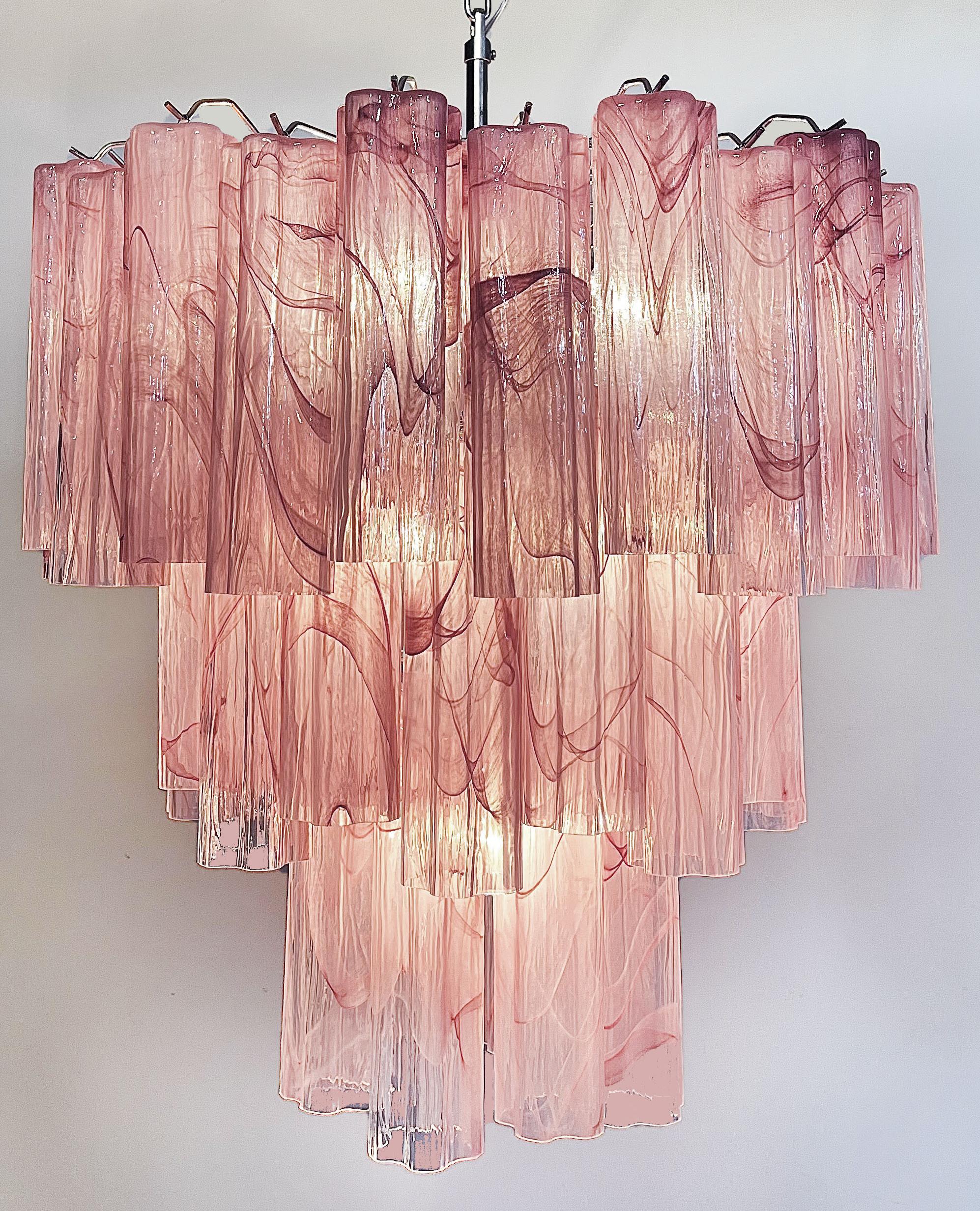 Elegant Large Three-Tier Murano Glass Tube Chandelier, Pink Alabaster For Sale 12