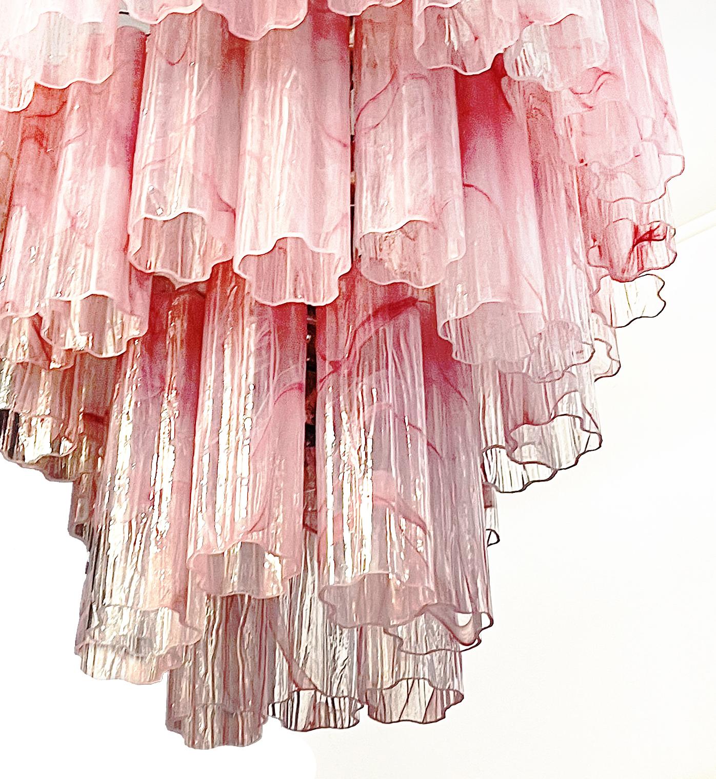 20th Century Elegant Large Three-Tier Murano Glass Tube Chandelier, Pink Alabaster For Sale