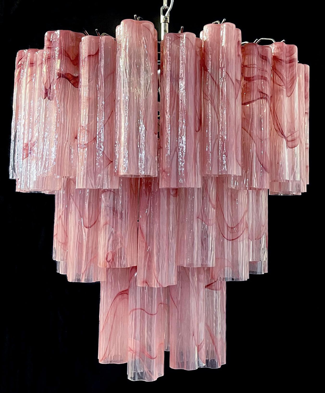 Elegant Large Three-Tier Murano Glass Tube Chandelier, Pink Alabaster For Sale 1