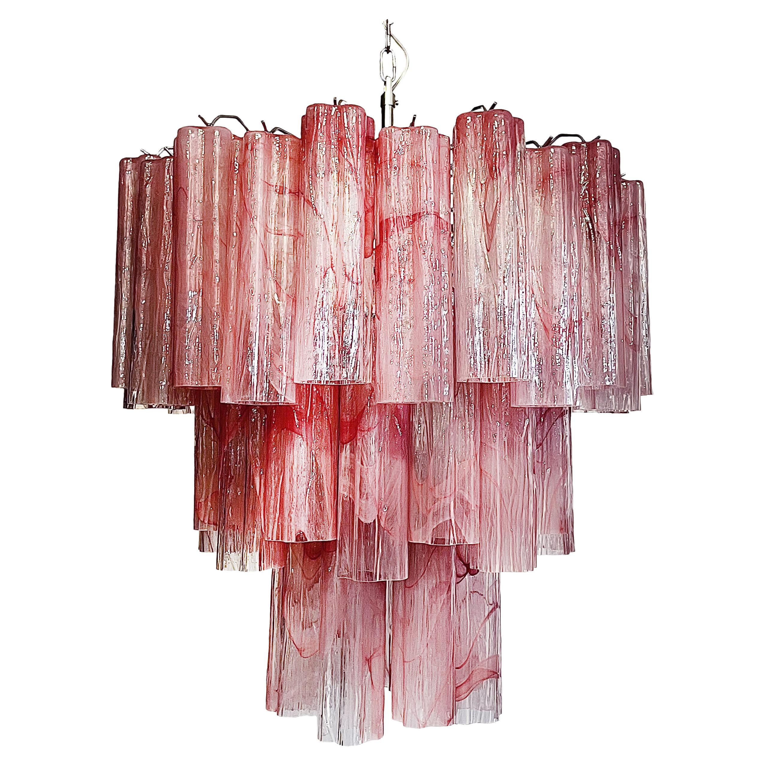Industrial Elegant Large Three-Tier Murano Glass Tube Chandelier, Pink Alabaster For Sale