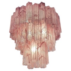 Elegant Large Three-Tier Murano Glass Tube Chandelier, Pink Alabaster