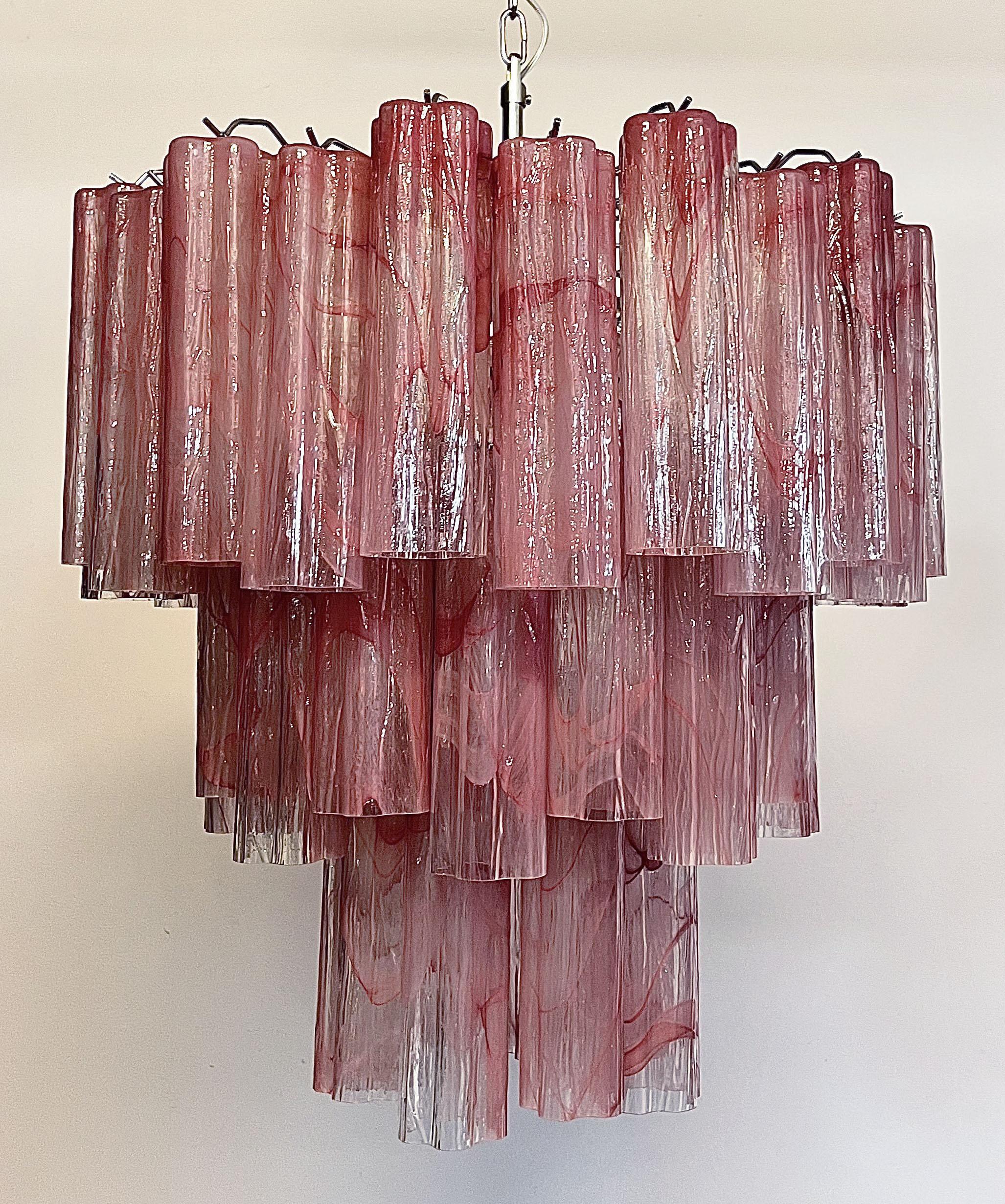 Elegant Large Three-Tier Murano Glass Tube Chandeliers, Pink Alabaster For Sale 2