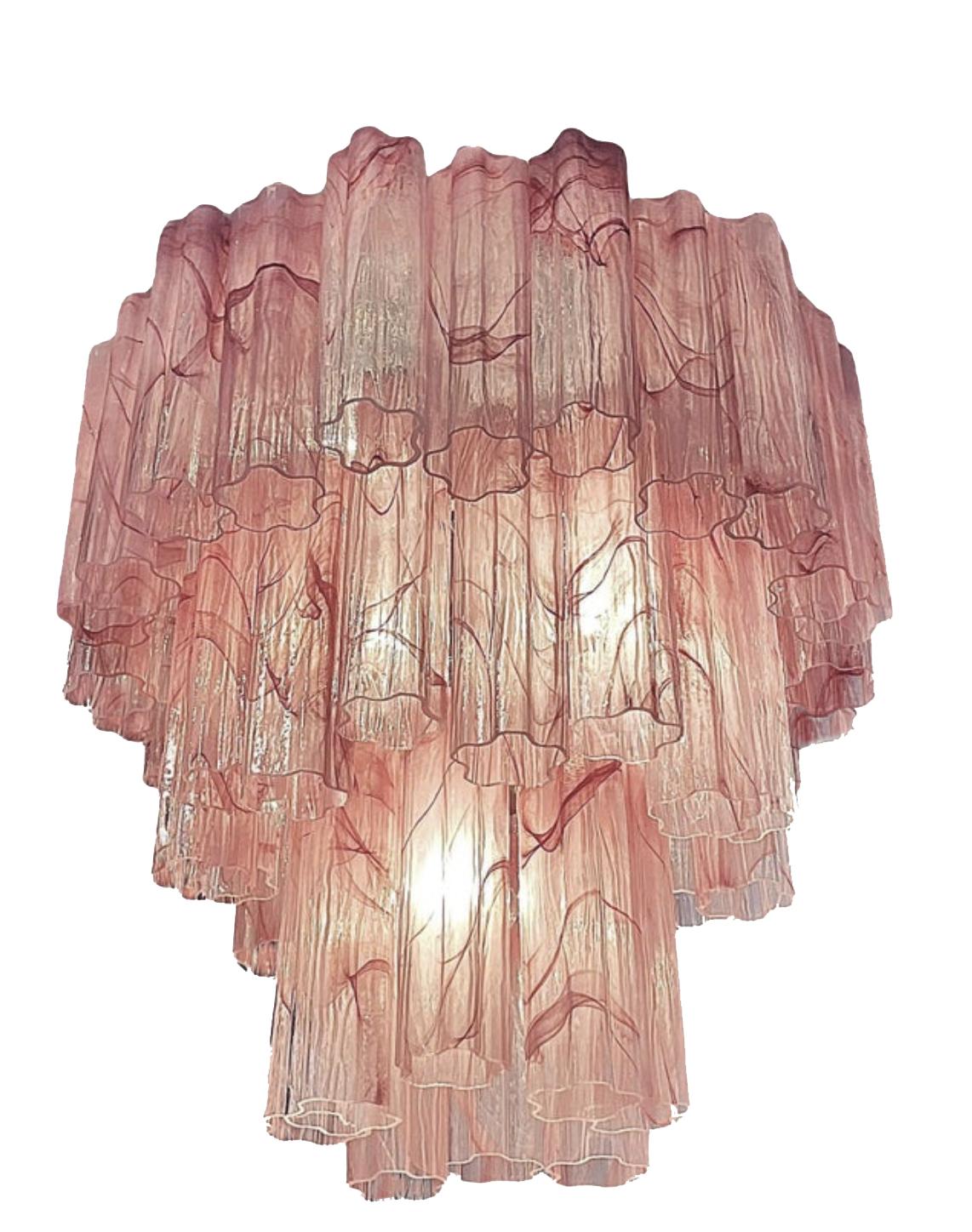 Elegant Large Three-Tier Murano Glass Tube Chandeliers, Pink Alabaster For Sale 12
