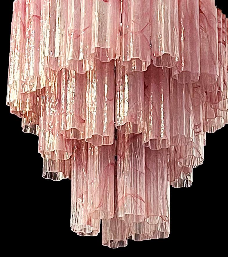 Italian Elegant Large Three-Tier Murano Glass Tube Chandeliers, Pink Alabaster For Sale