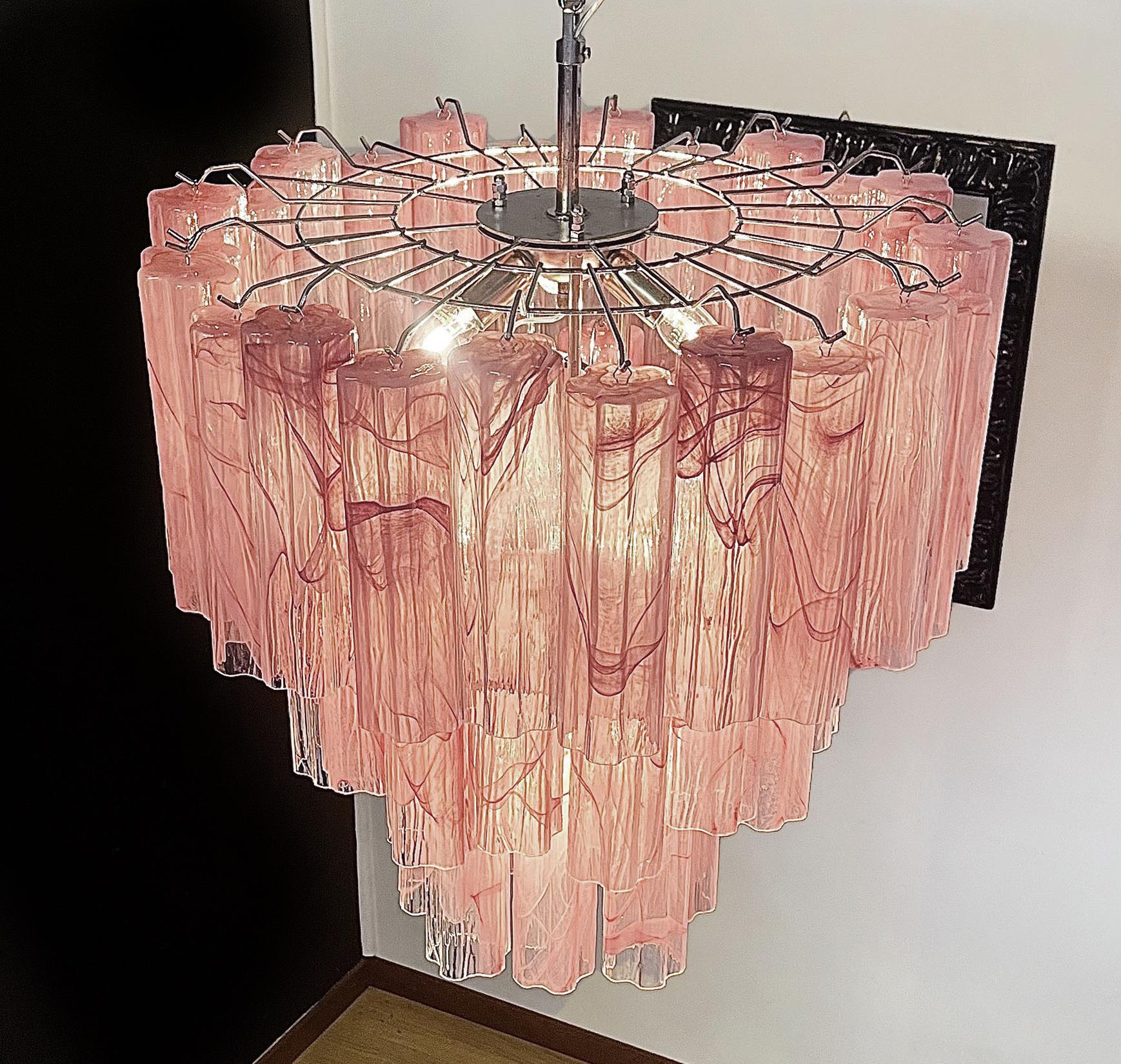 20th Century Elegant Large Three-Tier Murano Glass Tube Chandeliers, Pink Alabaster For Sale