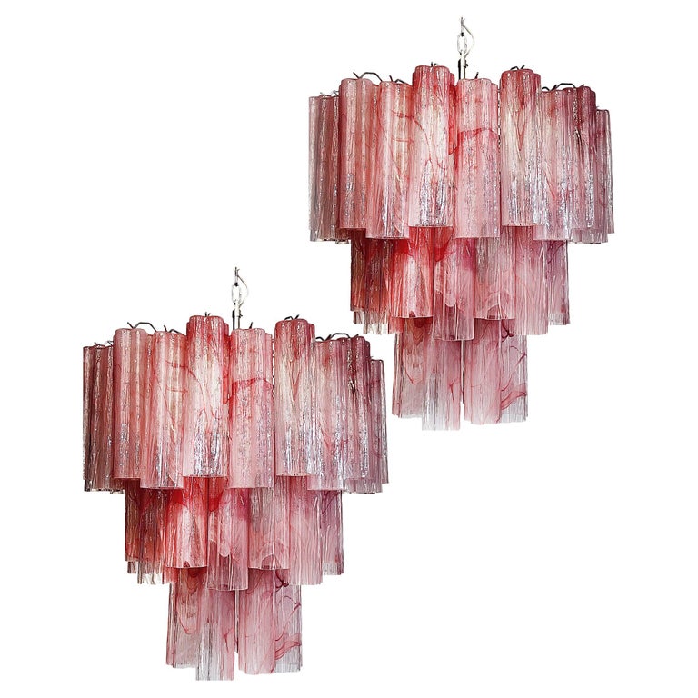 Elegant Large ThreeTier Murano Glass Tube Chandeliers, Pink Alabaster