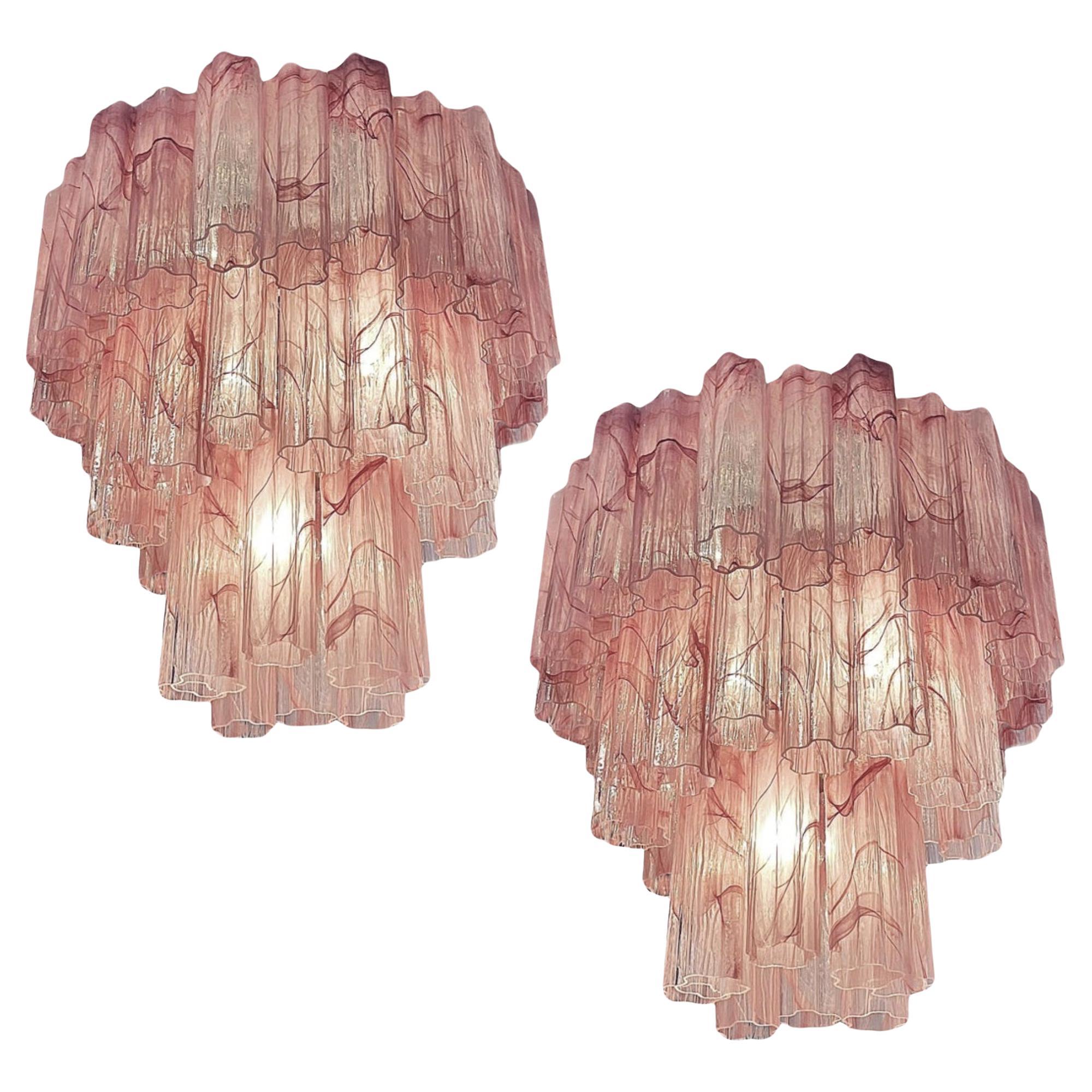 Elegant Large Three-Tier Murano Glass Tube Chandeliers, Pink Alabaster