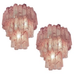 Retro Elegant Large Three-Tier Murano Glass Tube Chandeliers, Pink Alabaster