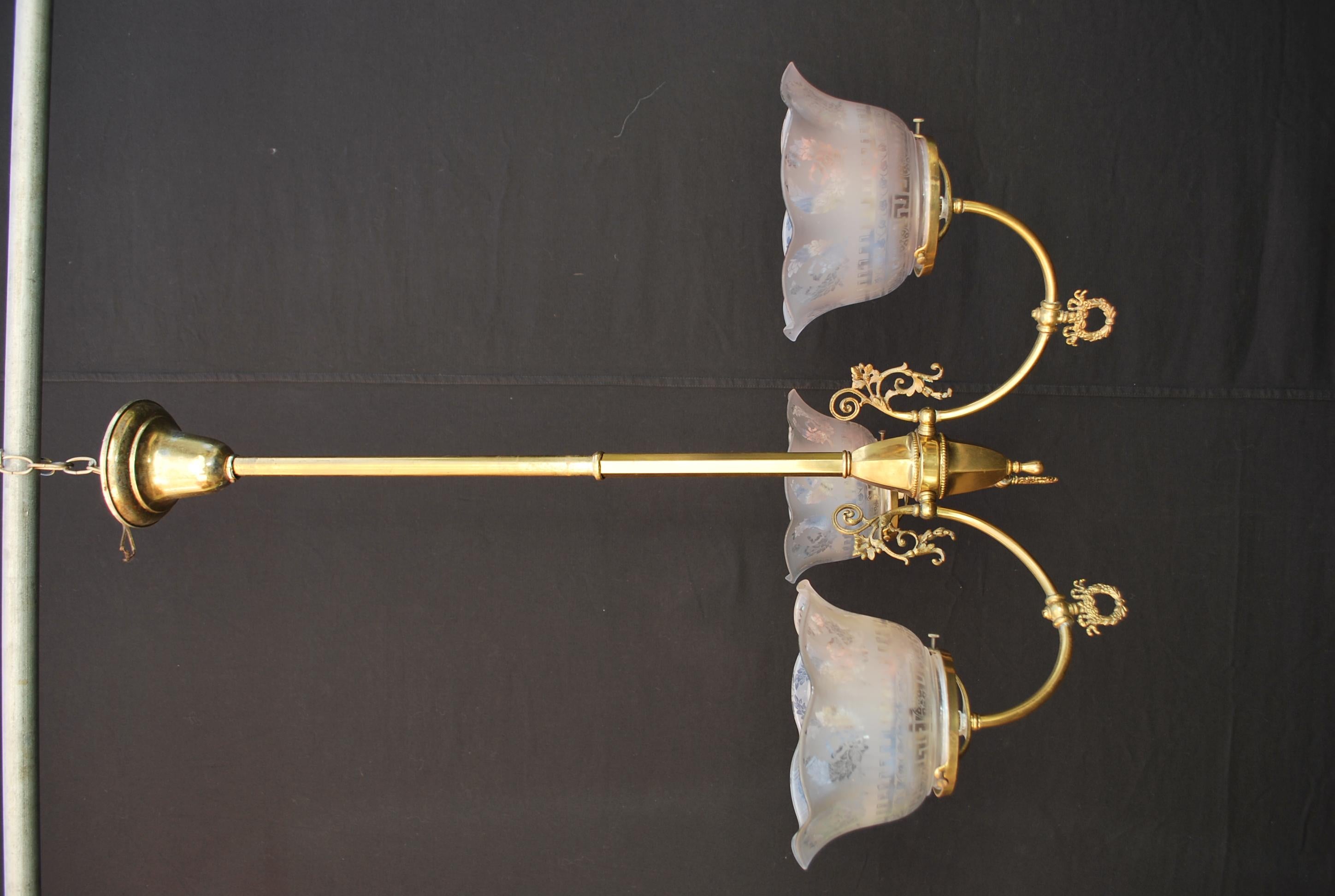 A beautiful and elegant late 19th century chandelier , originally it was a gas fixture that was converted into electricity, the height can be allot shorter, we could cut the central rod, to almost a flush light