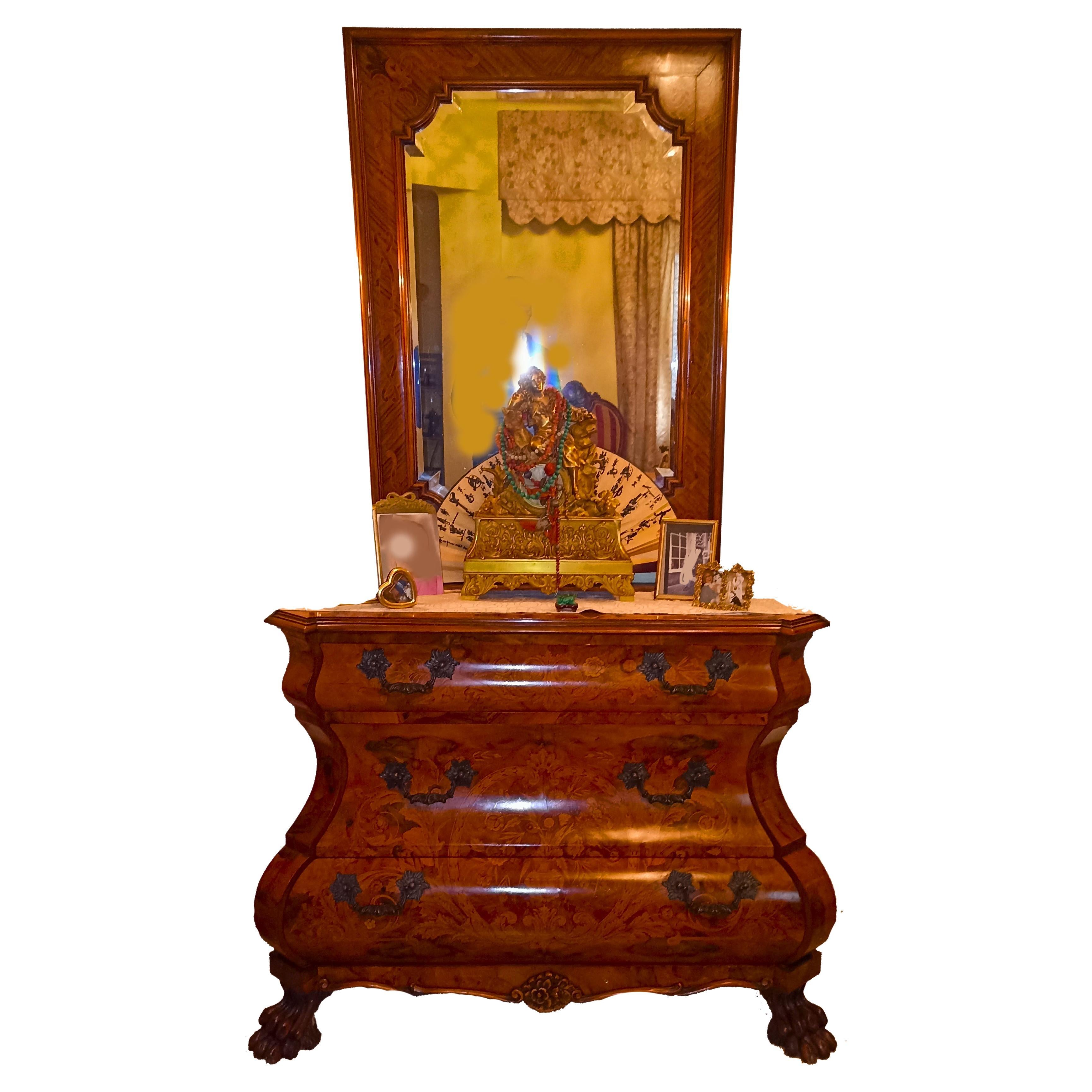 Elegant Late 19th Century Dutch Walnut Marquetry Inlaid Commode and Mirror Set
