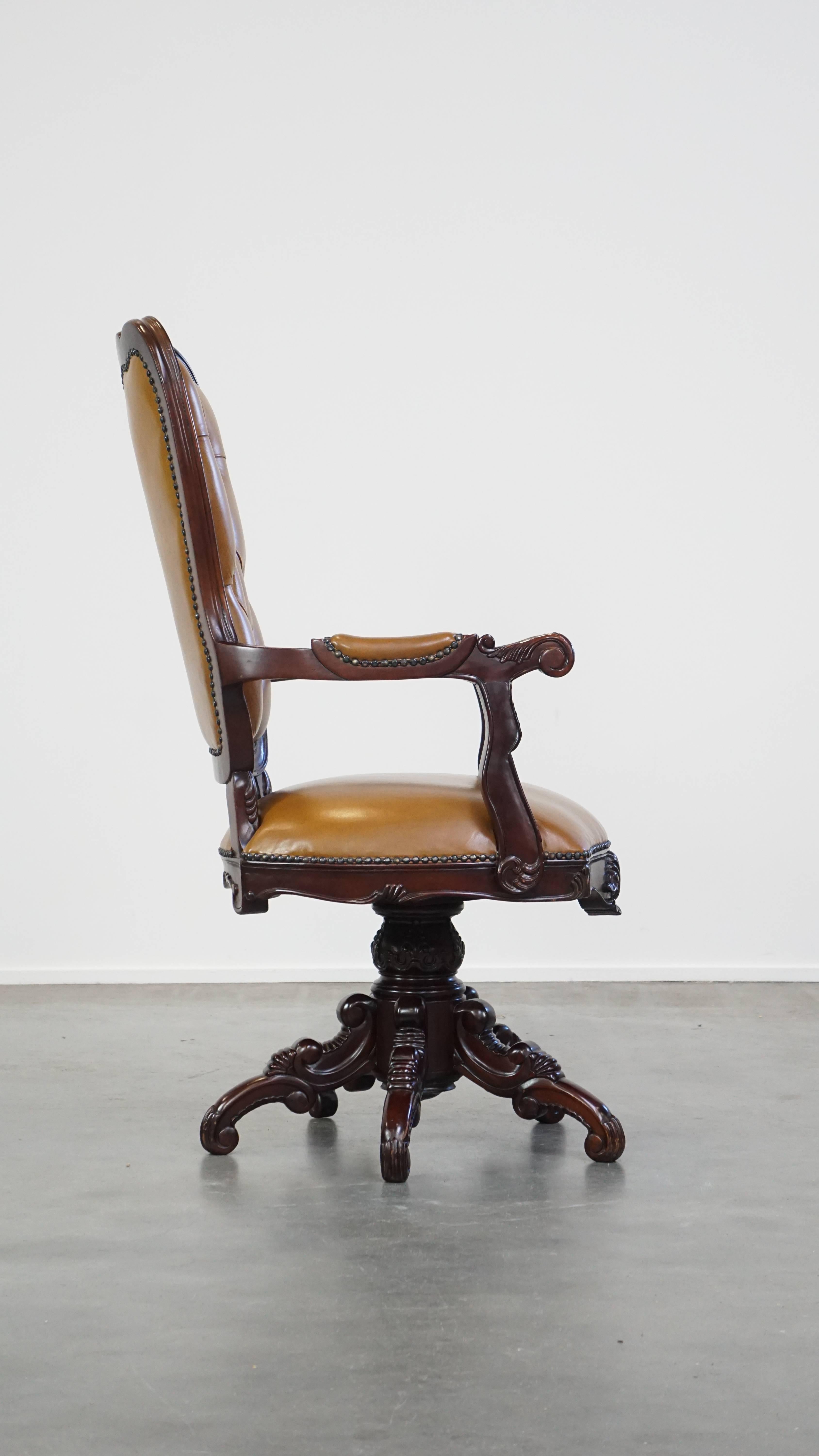 Hand-Crafted Elegant Leather Chesterfield-Style Office Chair with Wood Details