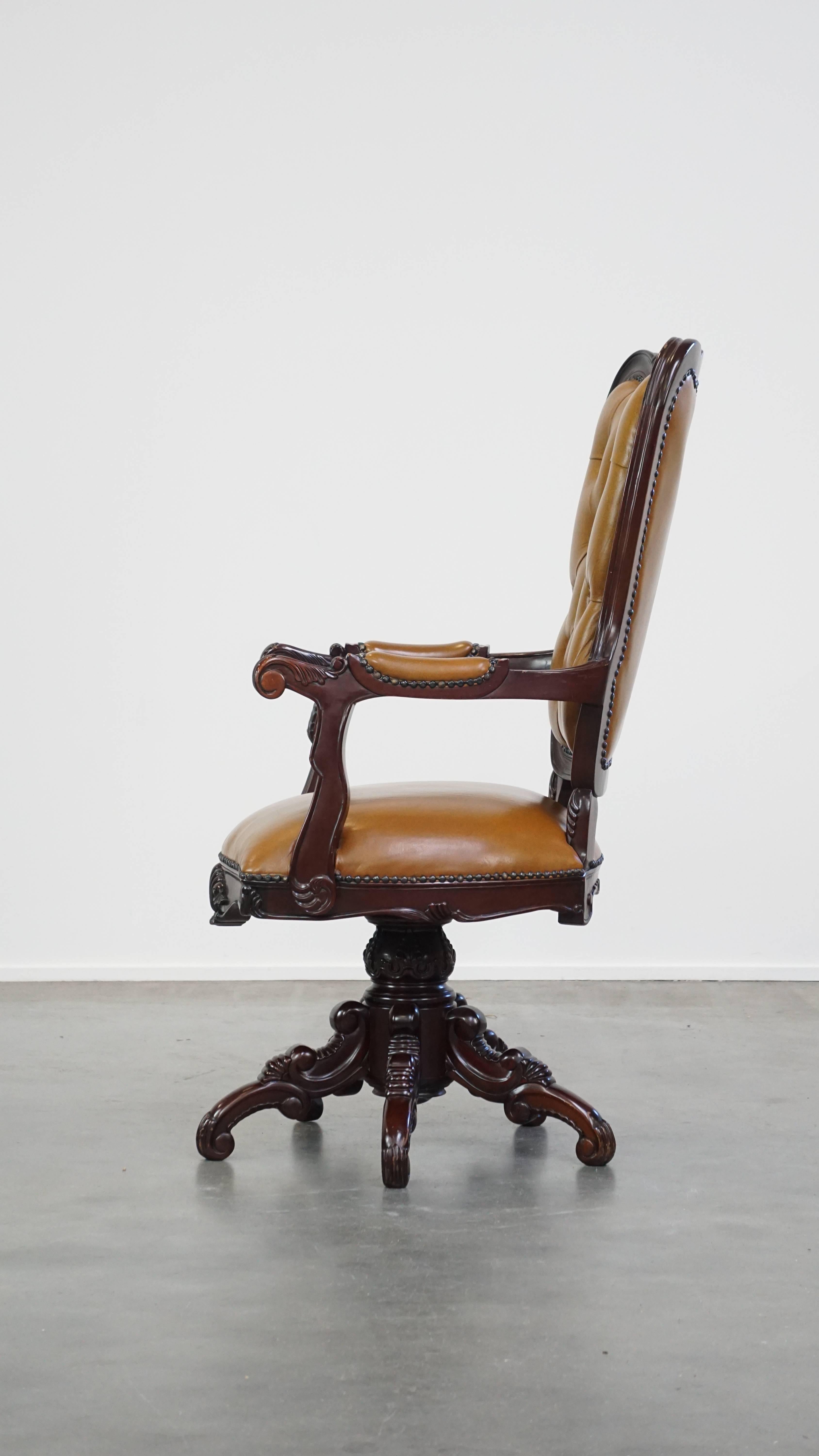 20th Century Elegant Leather Chesterfield-Style Office Chair with Wood Details