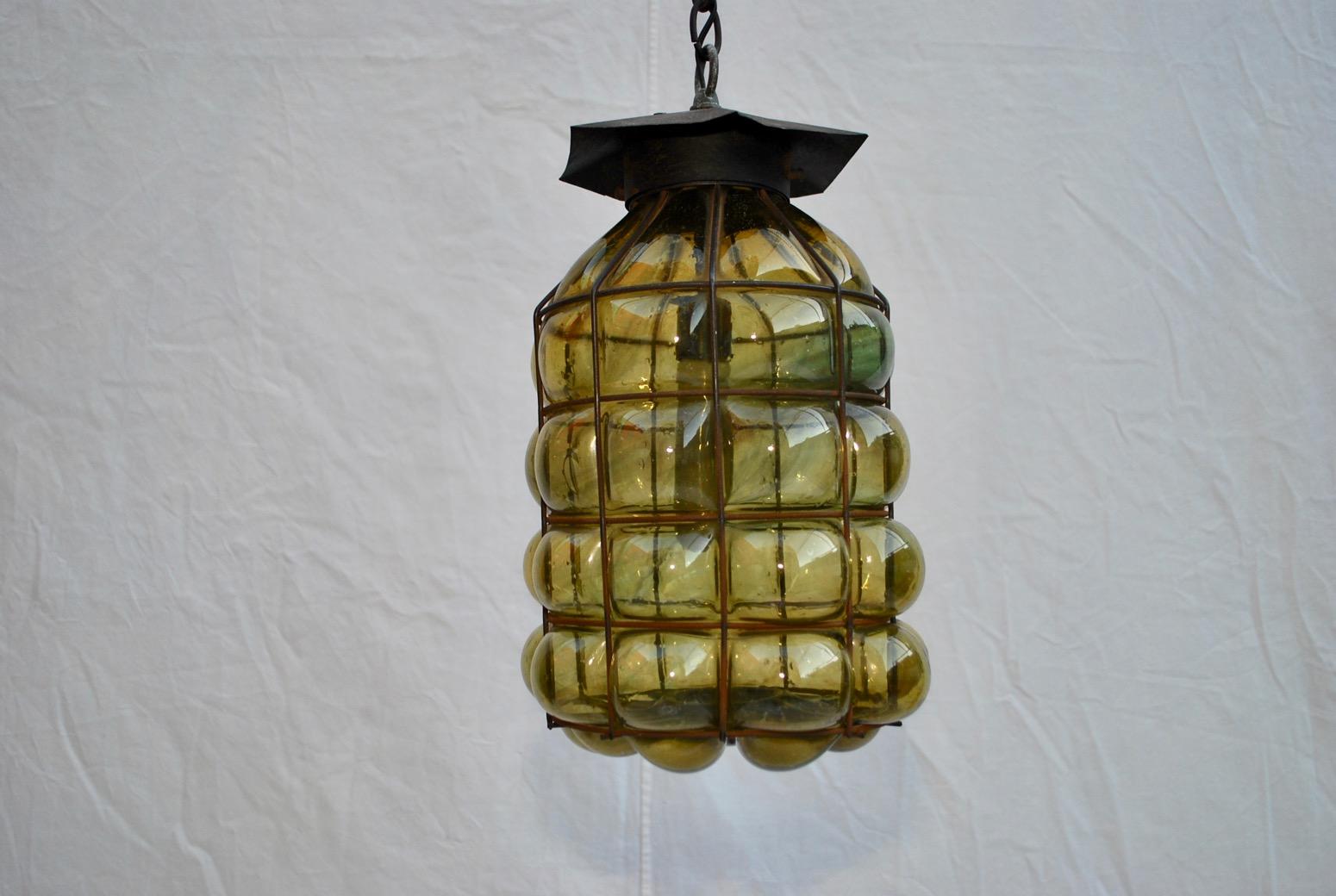 Elegant Light with Hand Blown Glass into the Iron Frame In Good Condition In Los Angeles, CA