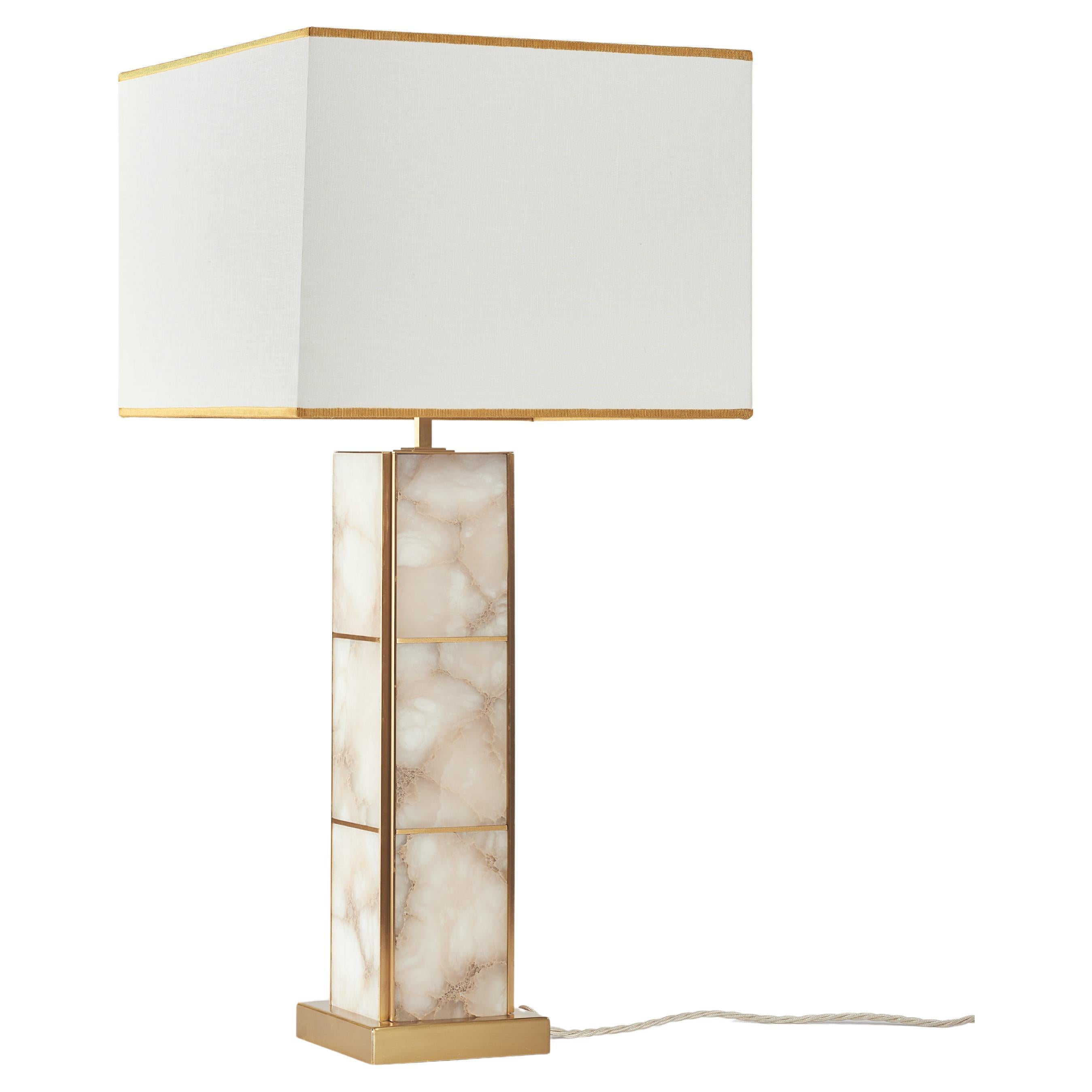 Lampe de table italienne linéaire élégante « Moore », laiton satiné et albâtre