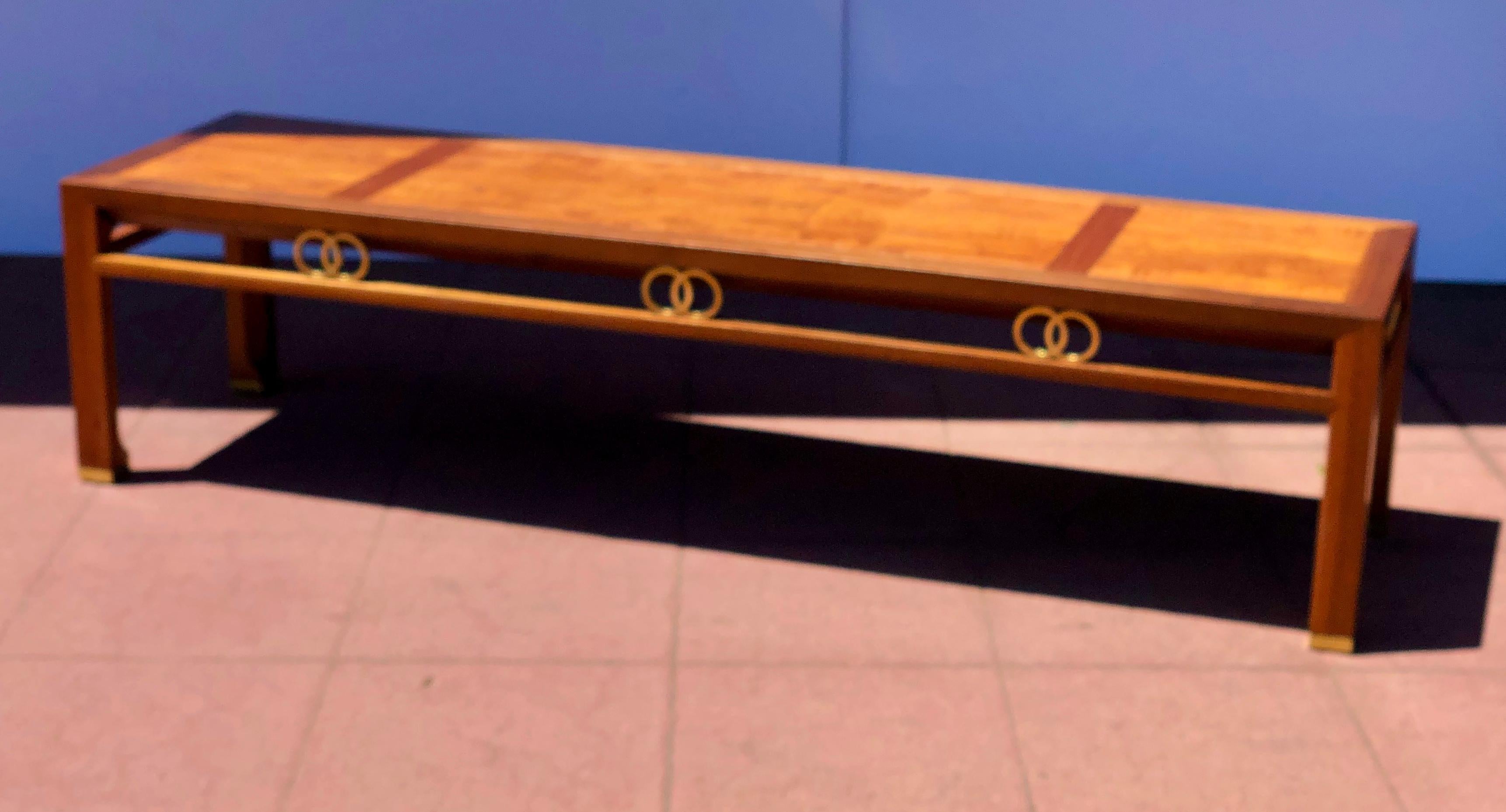 American Elegant Long Coffee Table / Bench by Baker with Brass Accents