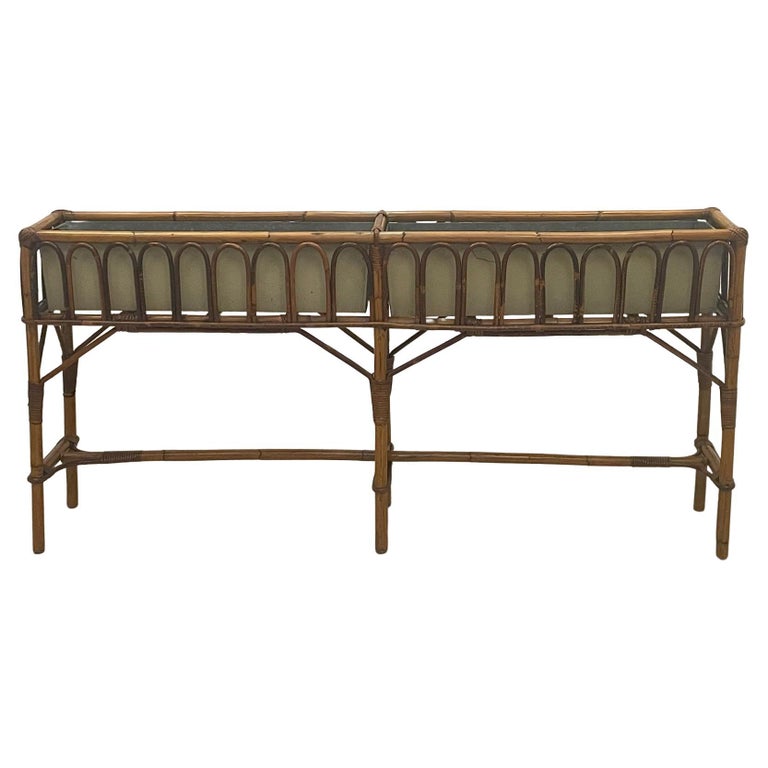 Elegant Long and Narrow Rattan Plant Stand with Tole Liners For Sale at