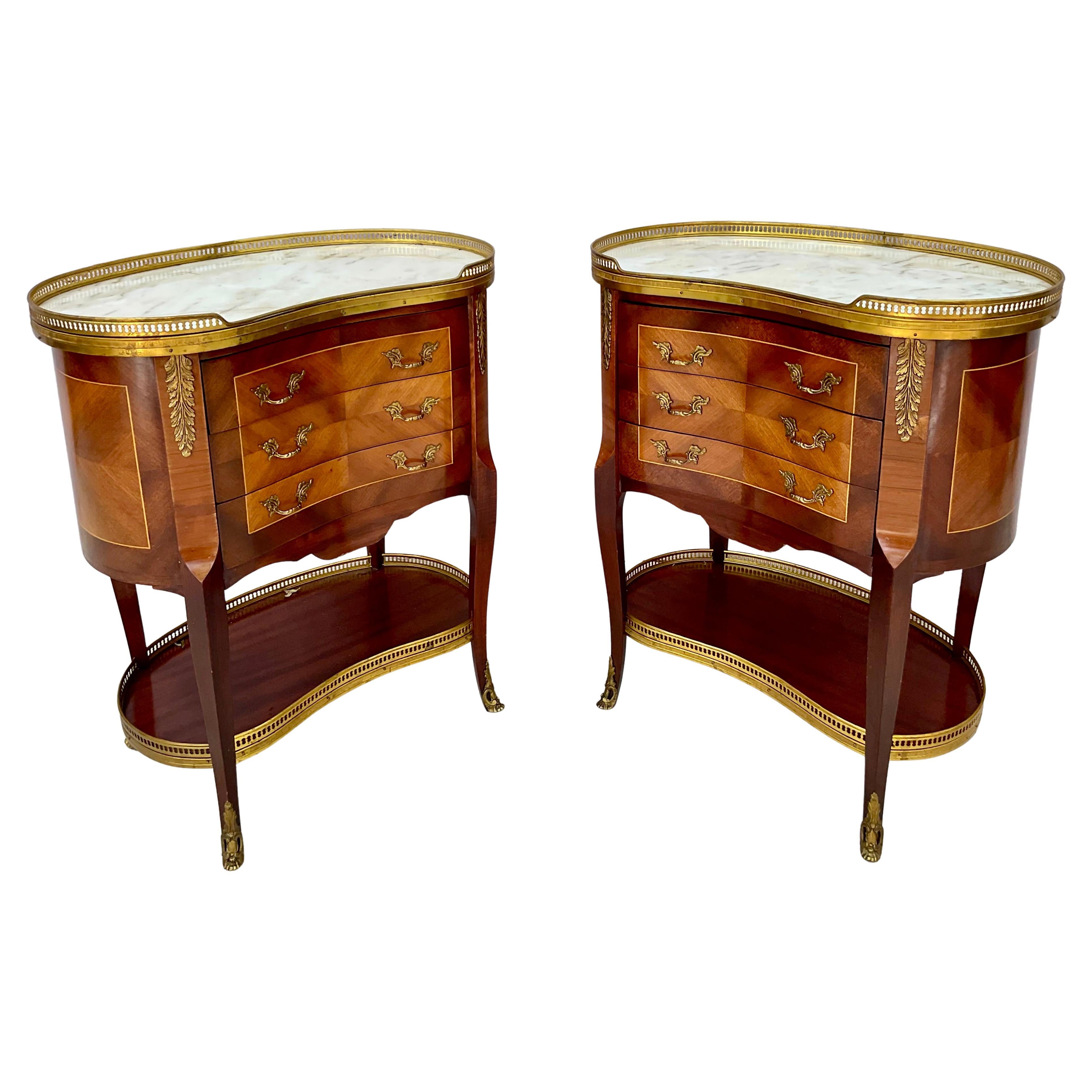 Elegant Louis XV Side Tables with Marble Tops and Brass Accents - A Pair