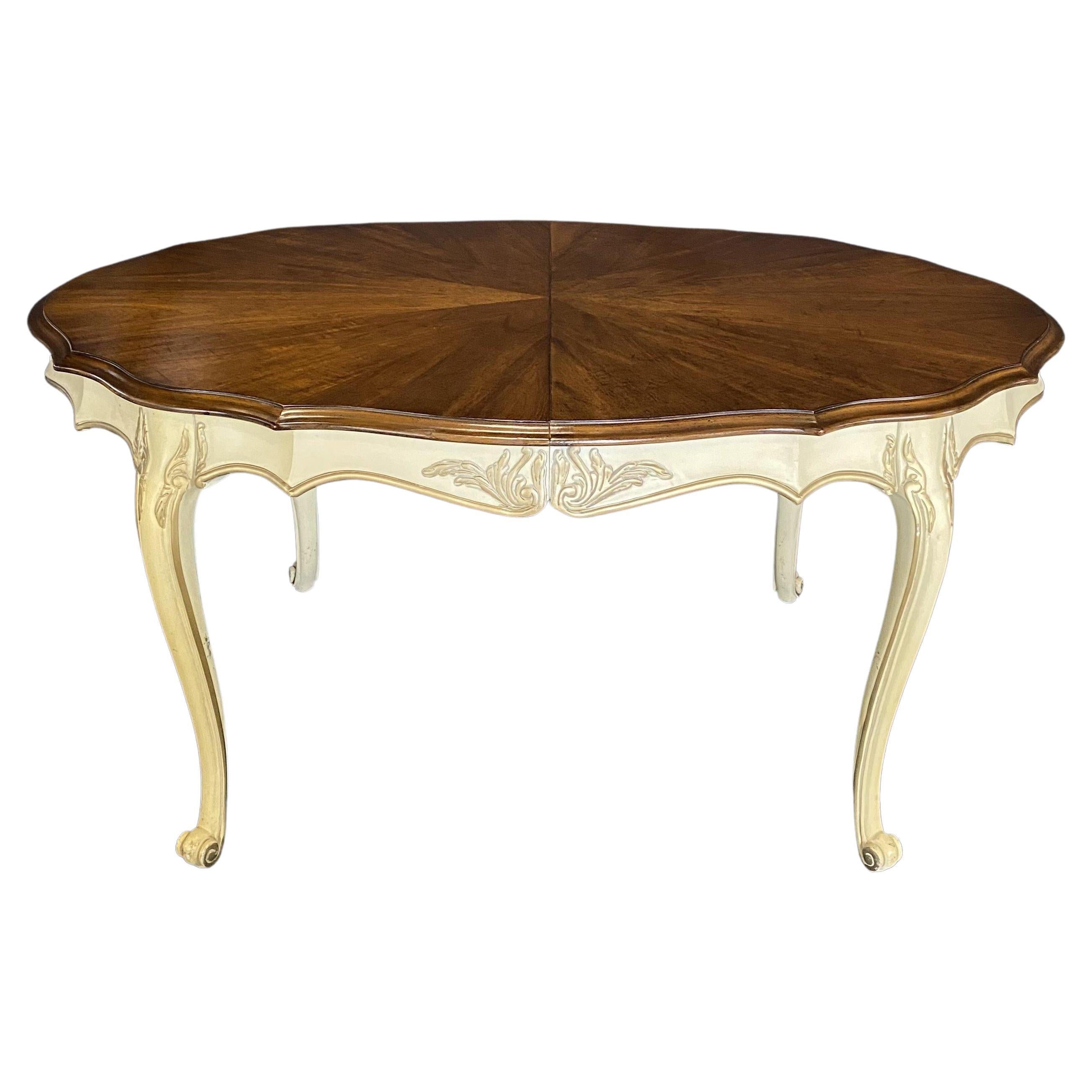 Elegant Louis XV Style Oval Dining Table with Ivory Painted Base and Two Leaves