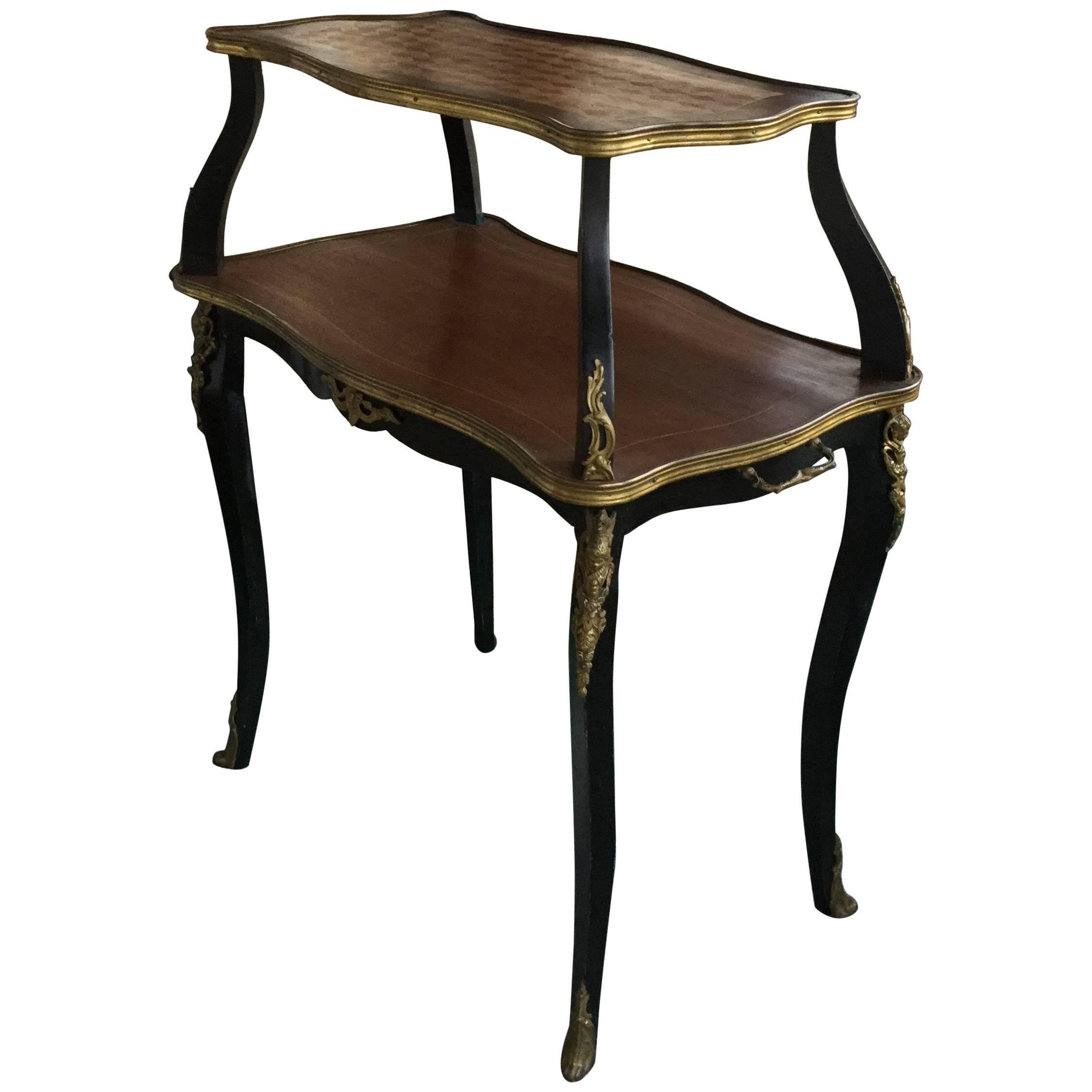 Elegant Louis XV Style Two-Tier Walnut Parquet Top Side Table