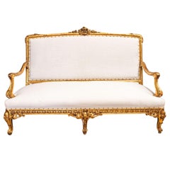 Elegant Louis XVI Giltwood Settee with New Linen Upholstery