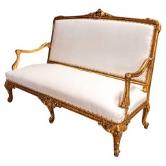 Elegant Louis XVI Giltwood Settee with New Linen Upholstery