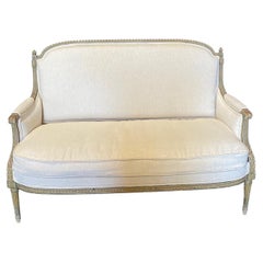 Antique Elegant Louis XVI Style French Carved Wood and Upholstered Sofa Loveseat