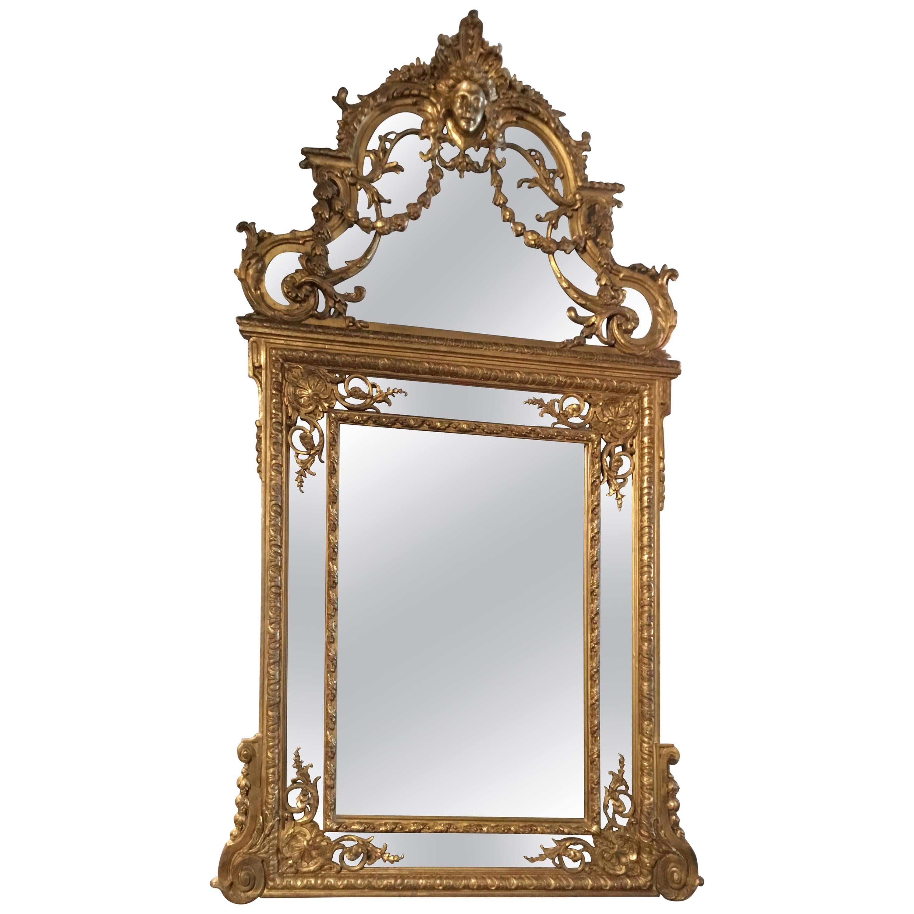 Elegant Louis XVI Style Giltwood Cushion Mirror, 19th C with Mask of Minerva